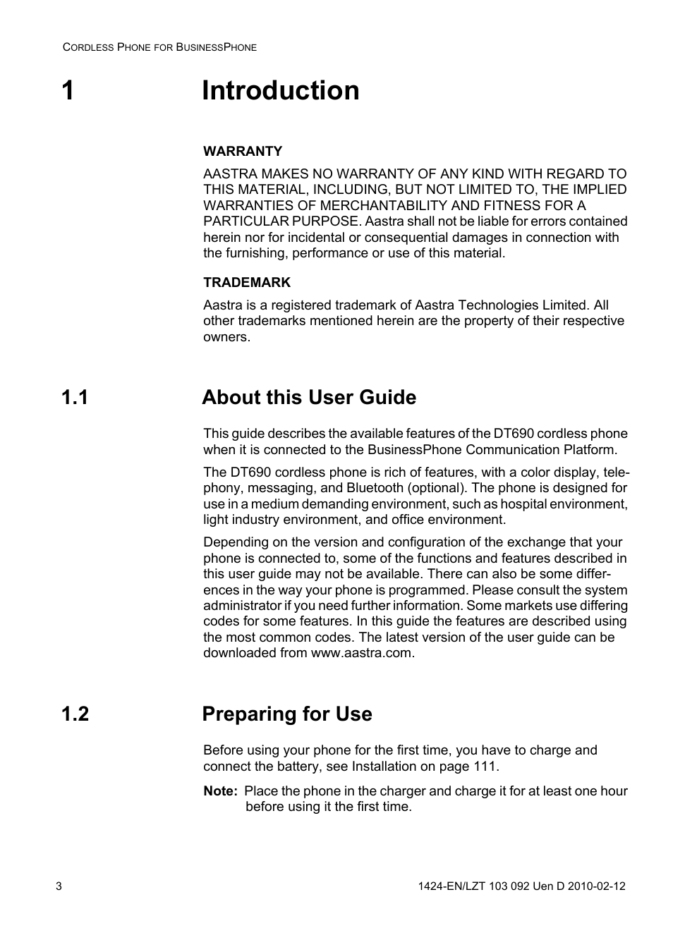 1 introduction, 1 about this user guide, 2 preparing for use | 1introduction | AASTRA DT690 for BusinessPhone User Guide EN User Manual | Page 3 / 127