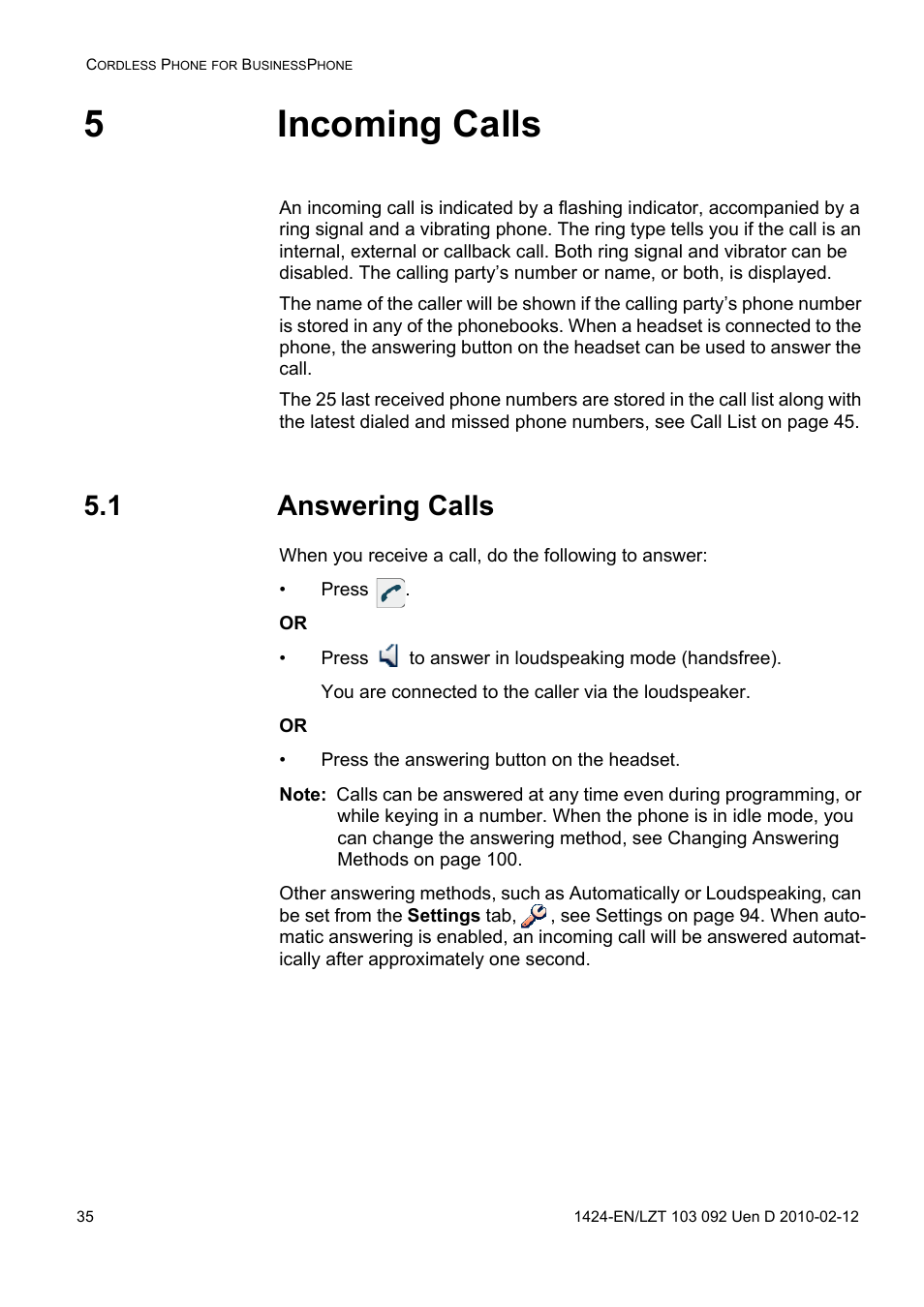 5 incoming calls, 1 answering calls, 5incoming calls | AASTRA DT690 for BusinessPhone User Guide EN User Manual | Page 35 / 127