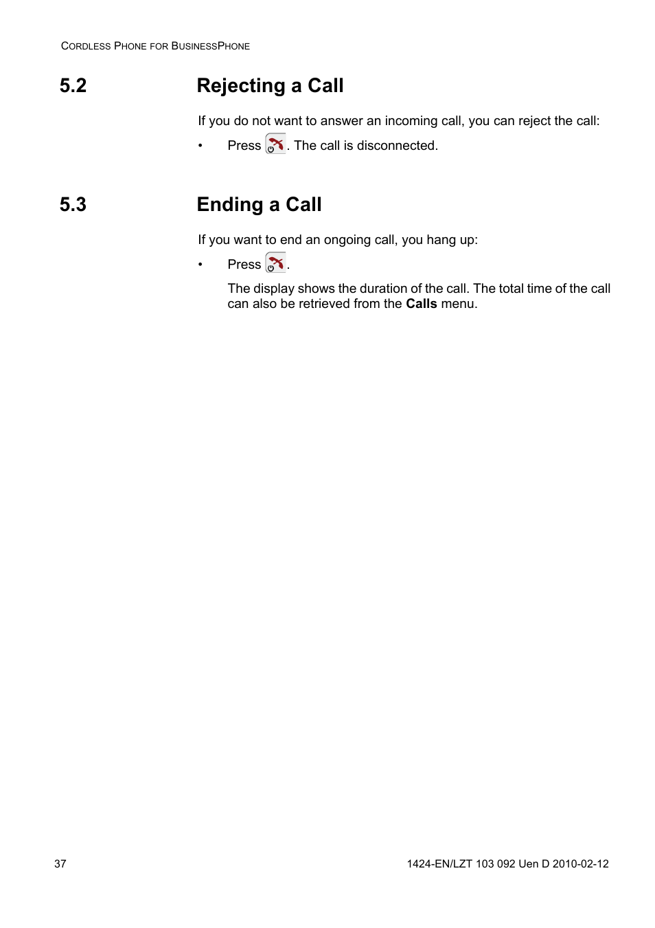 2 rejecting a call, 3 ending a call | AASTRA DT690 for BusinessPhone User Guide EN User Manual | Page 37 / 127