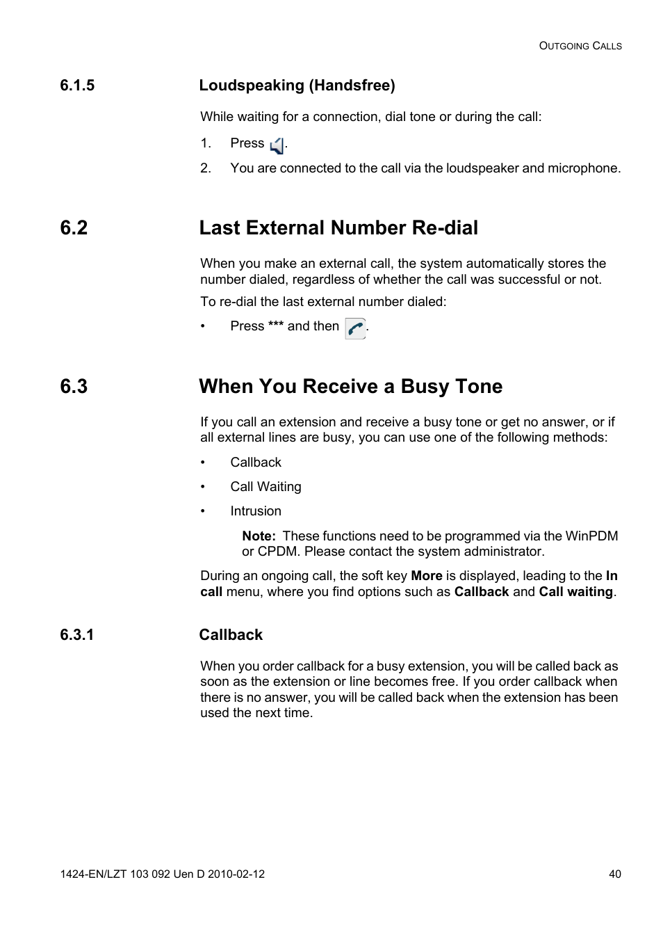 5 loudspeaking (handsfree), Press, 2 last external number re-dial | 3 when you receive a busy tone, 1 callback | AASTRA DT690 for BusinessPhone User Guide EN User Manual | Page 40 / 127