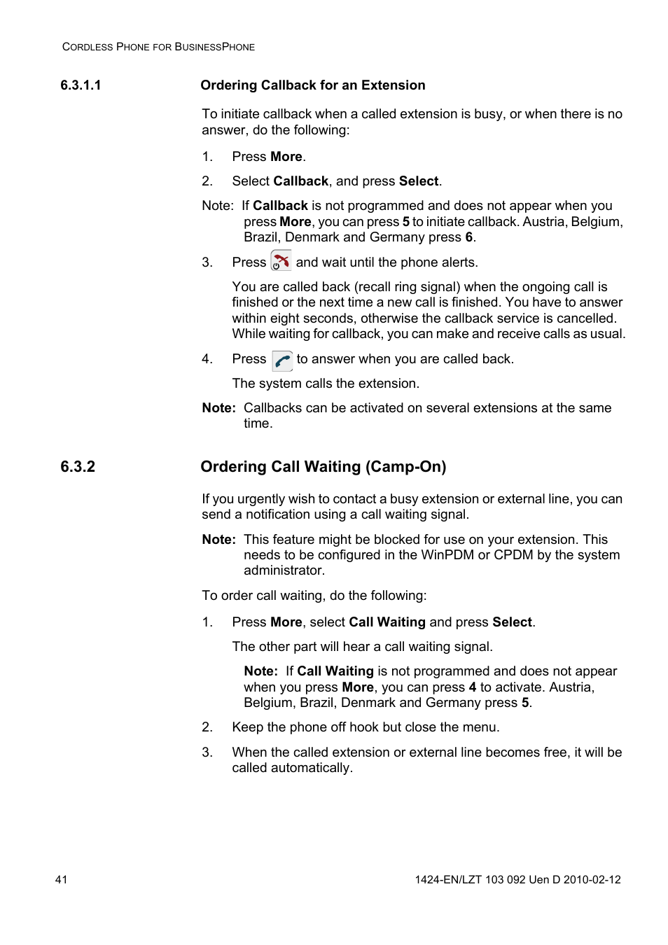 1 ordering callback for an extension, Press more, Select callback, and press select | Press and wait until the phone alerts, Press to answer when you are called back, 2 ordering call waiting (camp-on), Press more, select call waiting and press select, Keep the phone off hook but close the menu | AASTRA DT690 for BusinessPhone User Guide EN User Manual | Page 41 / 127