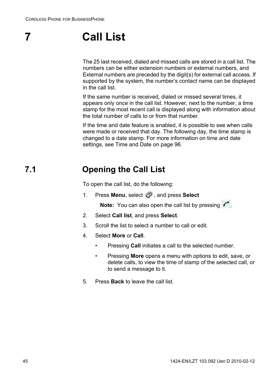 7 call list, 1 opening the call list, Press menu, select , and press select | Select call list, and press select, Scroll the list to select a number to call or edit, Select more or call, Press back to leave the call list, 7call list | AASTRA DT690 for BusinessPhone User Guide EN User Manual | Page 45 / 127