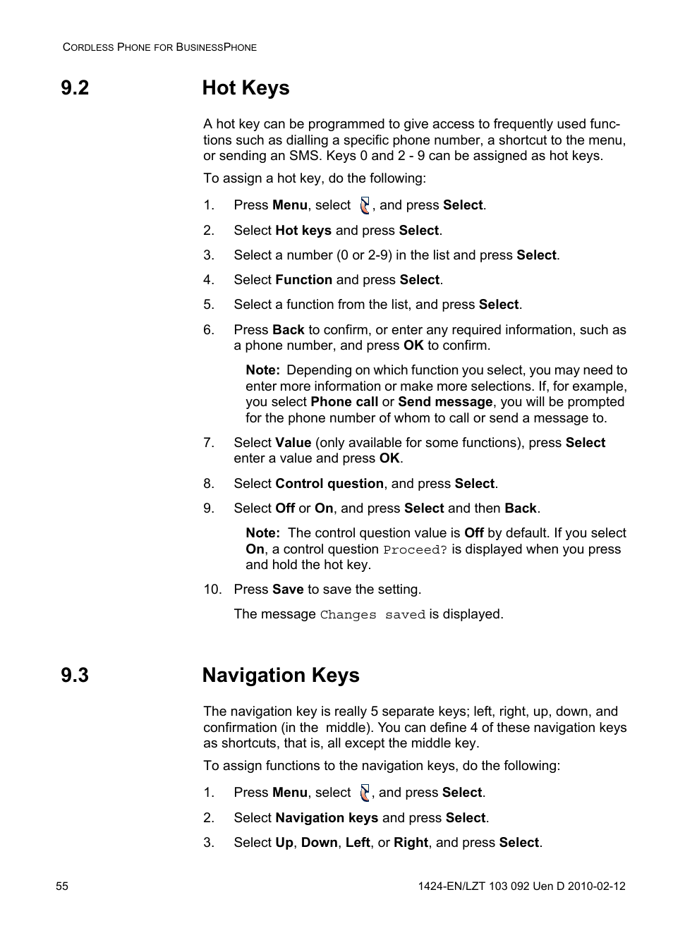 2 hot keys, Press menu, select , and press select, Select hot keys and press select | Select function and press select, Select a function from the list, and press select, Select control question, and press select, Select off or on, and press select and then back, Press save to save the setting, 3 navigation keys, Select navigation keys and press select | AASTRA DT690 for BusinessPhone User Guide EN User Manual | Page 55 / 127