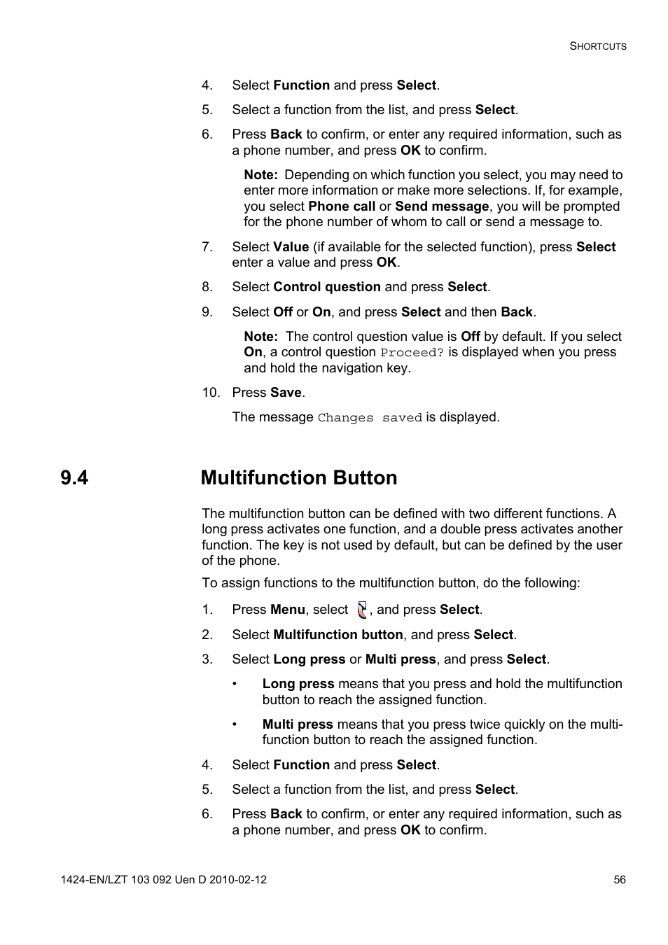 Select function and press select, Select a function from the list, and press select, Select control question and press select | Select off or on, and press select and then back, Press save, 4 multifunction button, Press menu, select , and press select, Select multifunction button, and press select, Select long press or multi press, and press select | AASTRA DT690 for BusinessPhone User Guide EN User Manual | Page 56 / 127