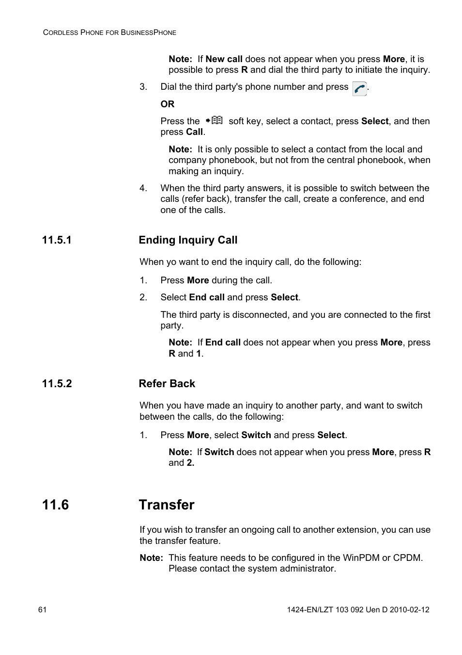 Dial the third party's phone number and press, 1 ending inquiry call, Press more during the call | Select end call and press select, 2 refer back, Press more, select switch and press select, 6 transfer | AASTRA DT690 for BusinessPhone User Guide EN User Manual | Page 61 / 127