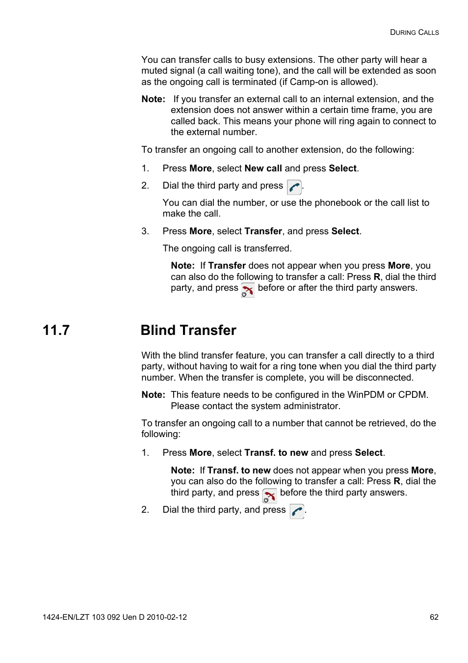 Press more, select new call and press select, Dial the third party and press, Press more, select transfer, and press select | 7 blind transfer, Press more, select transf. to new and press select, Dial the third party, and press | AASTRA DT690 for BusinessPhone User Guide EN User Manual | Page 62 / 127