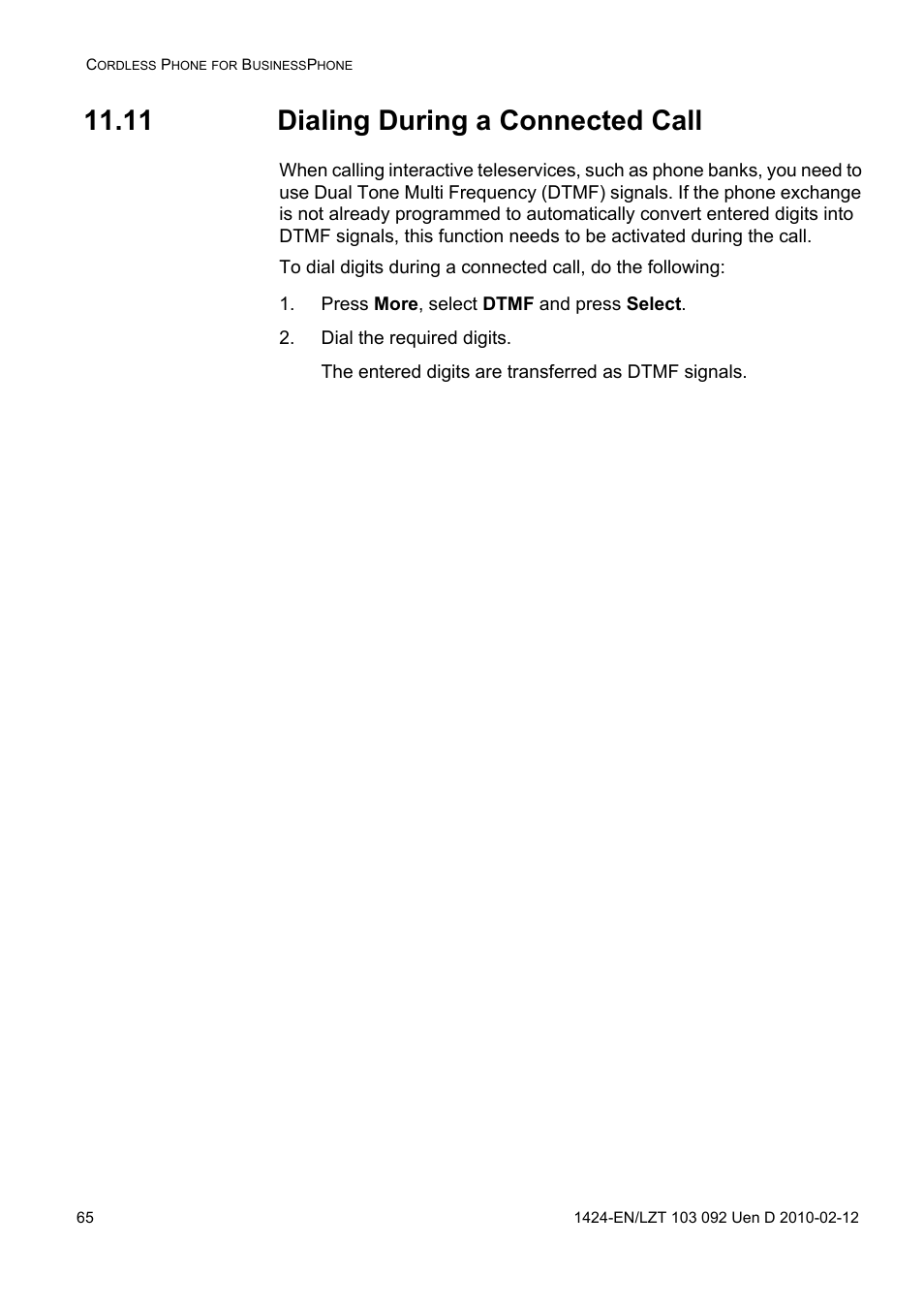11 dialing during a connected call, Press more, select dtmf and press select, Dial the required digits | AASTRA DT690 for BusinessPhone User Guide EN User Manual | Page 65 / 127