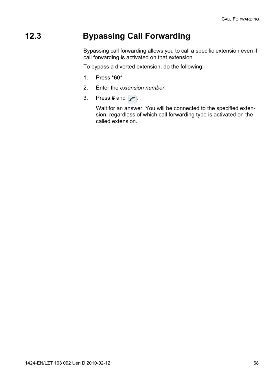 3 bypassing call forwarding, Press *60, Enter the extension number | Press # and | AASTRA DT690 for BusinessPhone User Guide EN User Manual | Page 68 / 127