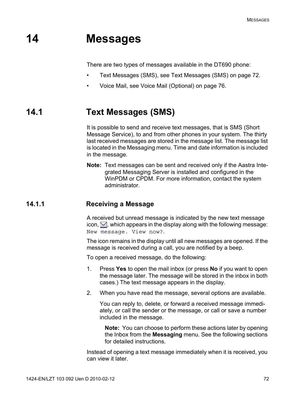 14 messages, 1 text messages (sms), 1 receiving a message | AASTRA DT690 for BusinessPhone User Guide EN User Manual | Page 72 / 127