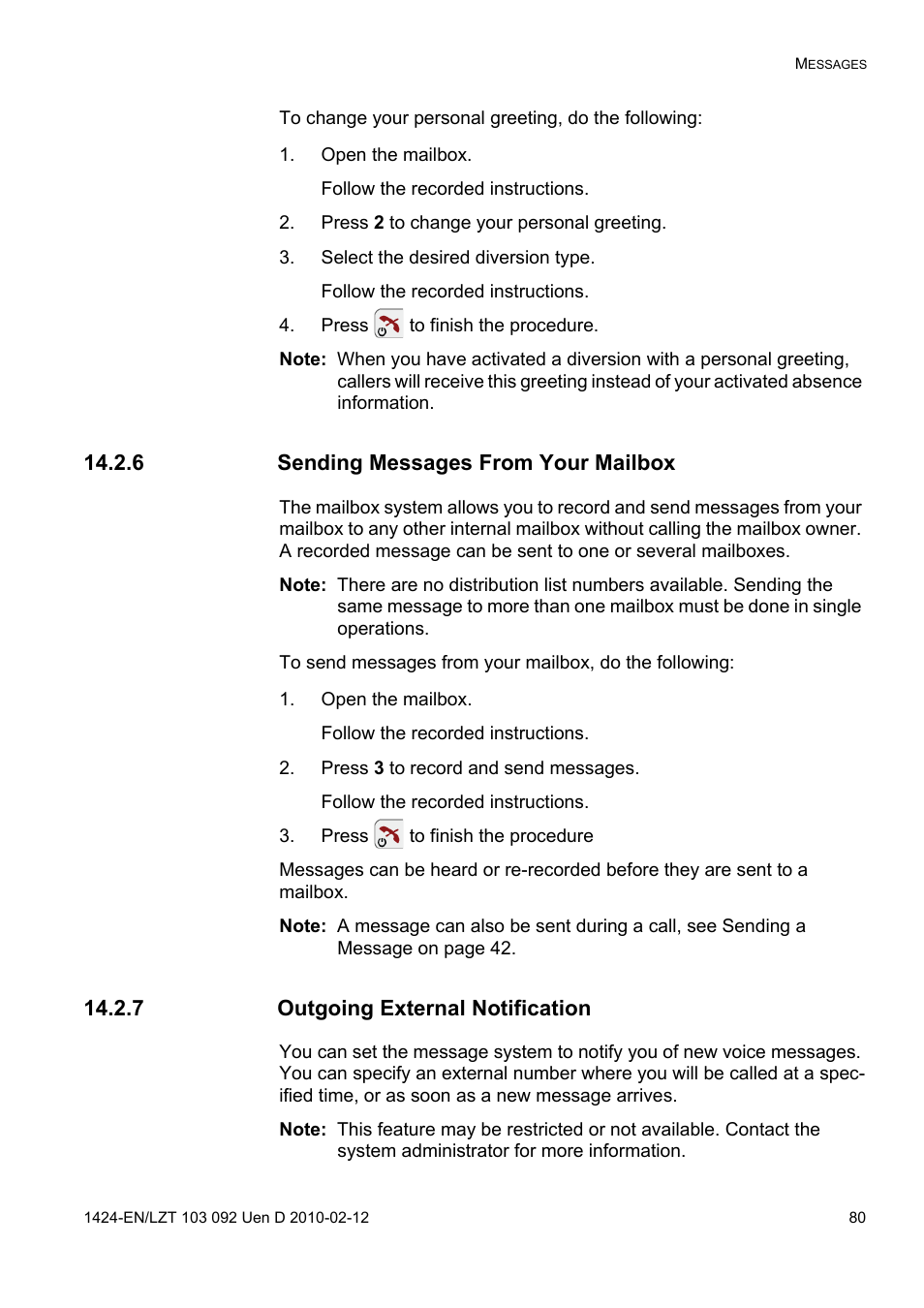 Open the mailbox, Press 2 to change your personal greeting, Select the desired diversion type | Press to finish the procedure, 6 sending messages from your mailbox, Press 3 to record and send messages, 7 outgoing external notification | AASTRA DT690 for BusinessPhone User Guide EN User Manual | Page 80 / 127