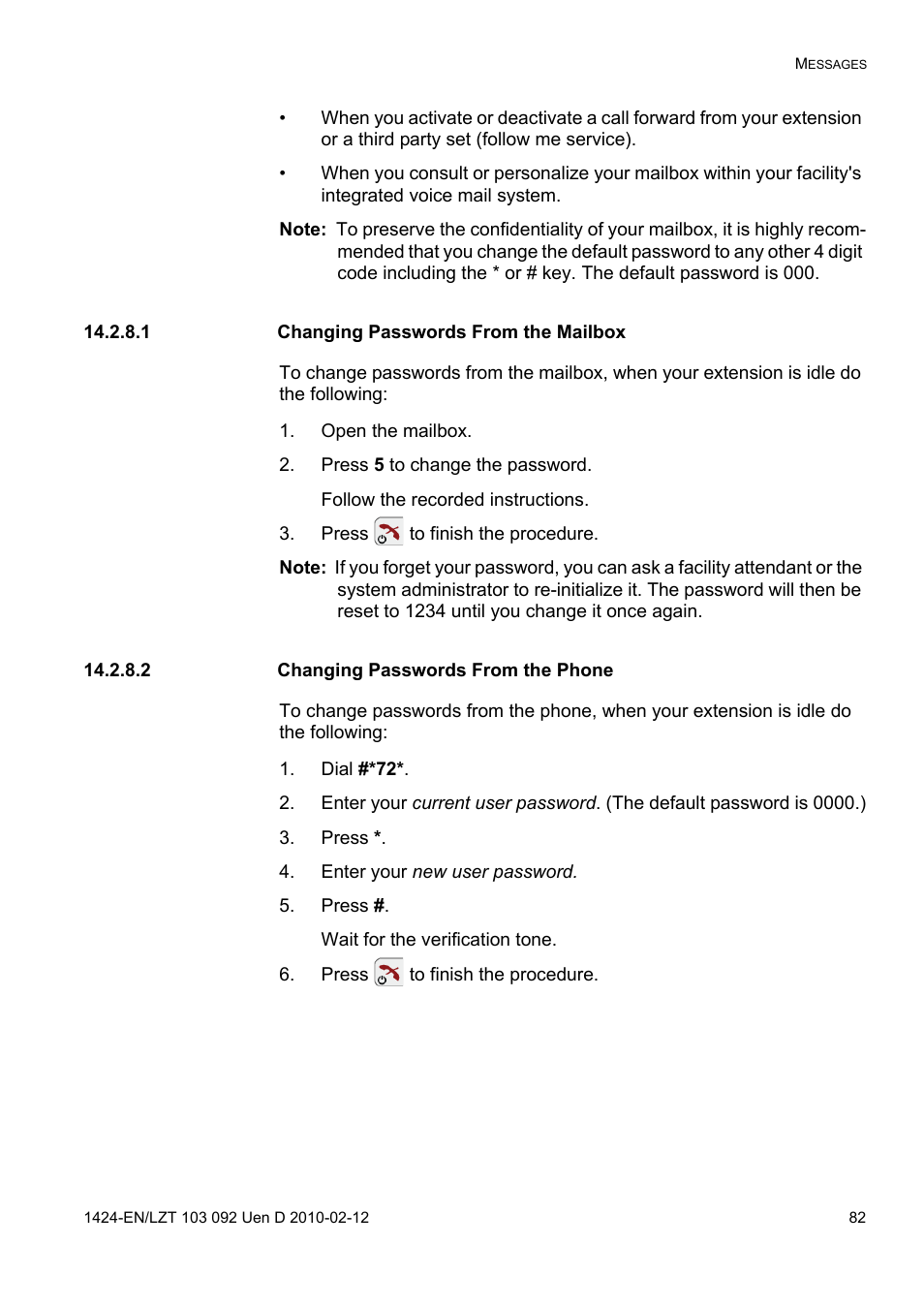 1 changing passwords from the mailbox, Open the mailbox, Press 5 to change the password | Press to finish the procedure, 2 changing passwords from the phone, Dial #*72, Press, Enter your new user password | AASTRA DT690 for BusinessPhone User Guide EN User Manual | Page 82 / 127