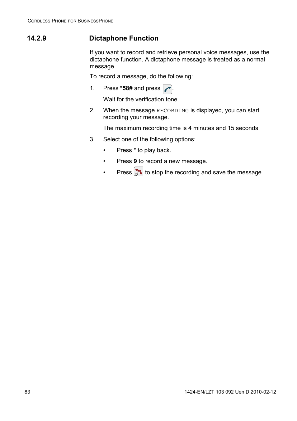 9 dictaphone function, Press *58# and press, Select one of the following options | AASTRA DT690 for BusinessPhone User Guide EN User Manual | Page 83 / 127