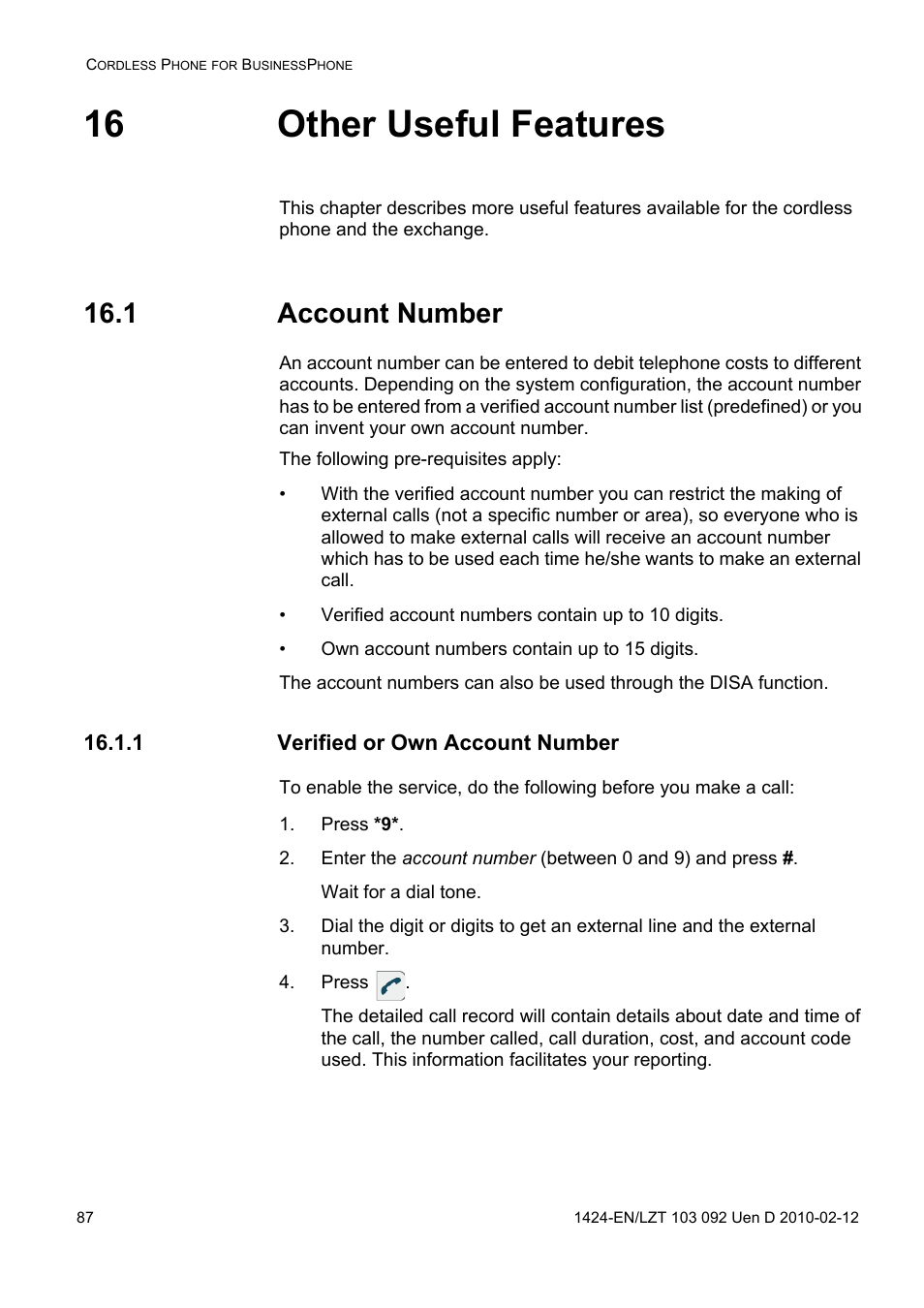 16 other useful features, 1 account number, 1 verified or own account number | Press *9, Press | AASTRA DT690 for BusinessPhone User Guide EN User Manual | Page 87 / 127