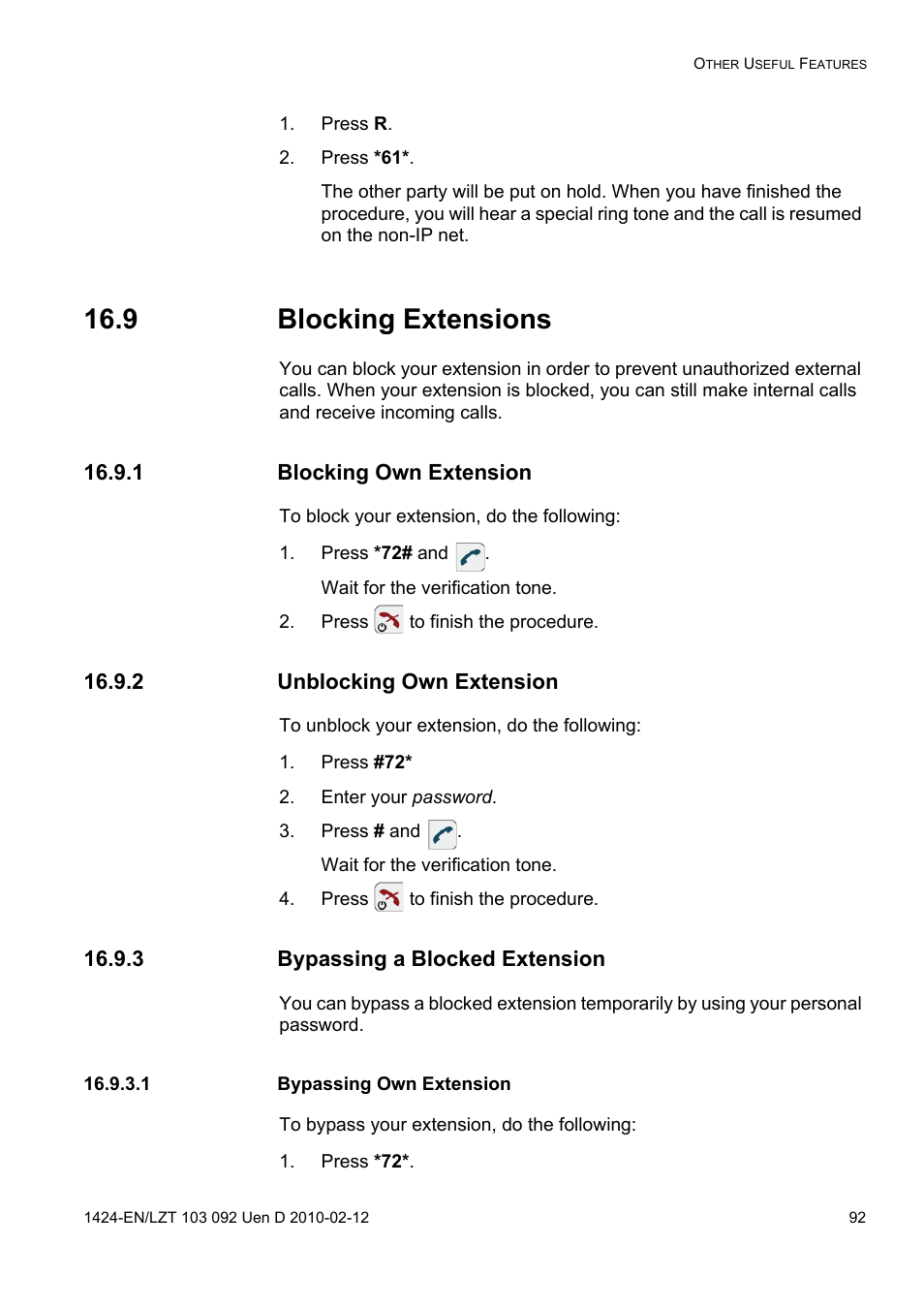 Press r, Press *61, 9 blocking extensions | 1 blocking own extension, Press *72# and, Press to finish the procedure, 2 unblocking own extension, Press #72, Enter your password, Press # and | AASTRA DT690 for BusinessPhone User Guide EN User Manual | Page 92 / 127