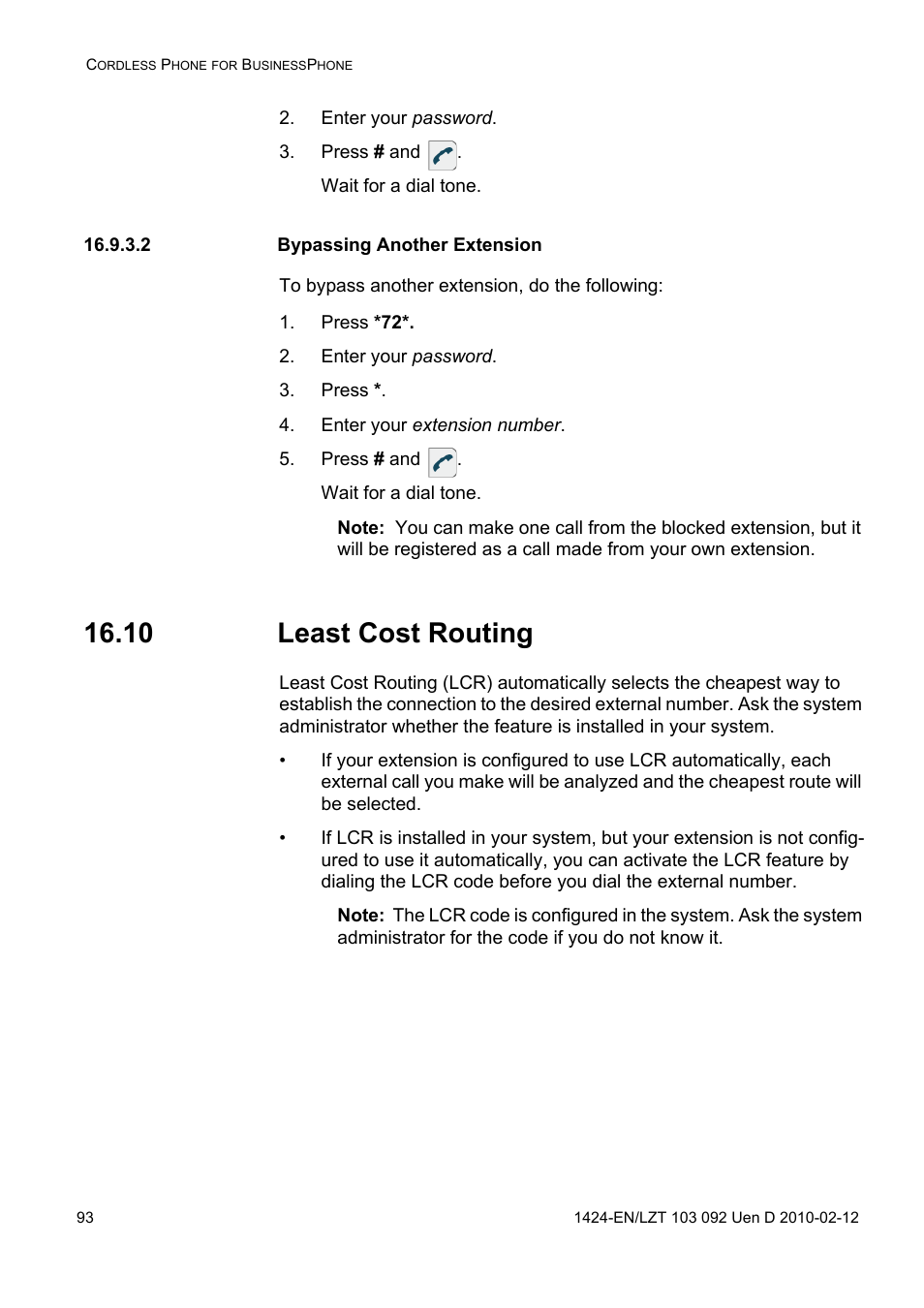 Enter your password, Press # and, 2 bypassing another extension | Press *72, Press, Enter your extension number, 10 least cost routing | AASTRA DT690 for BusinessPhone User Guide EN User Manual | Page 93 / 127