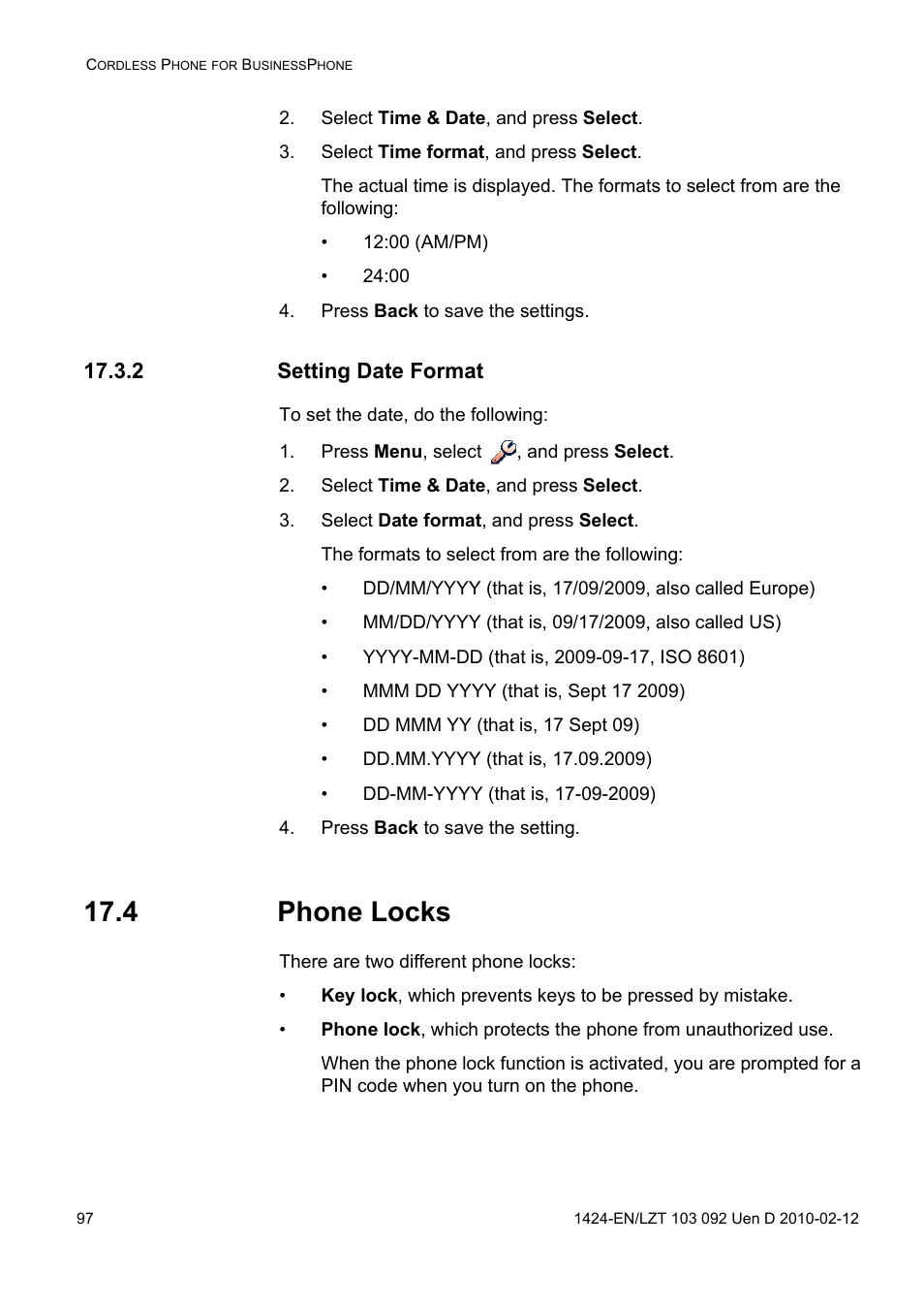 Select time & date, and press select, Select time format, and press select, Press back to save the settings | 2 setting date format, Press menu, select , and press select, Select date format, and press select, Press back to save the setting, 4 phone locks | AASTRA DT690 for BusinessPhone User Guide EN User Manual | Page 97 / 127