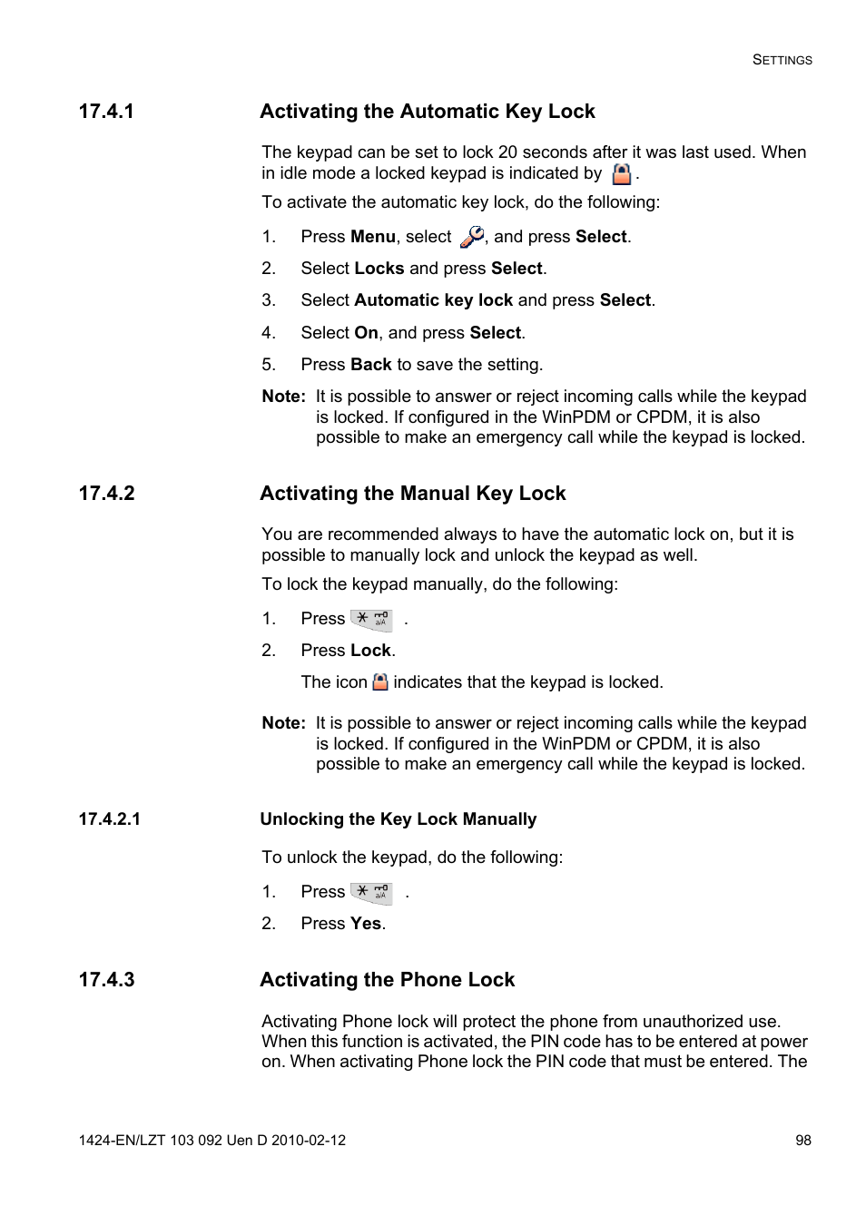 1 activating the automatic key lock, Press menu, select , and press select, Select locks and press select | Select automatic key lock and press select, Select on, and press select, Press back to save the setting, 2 activating the manual key lock, Press, Press lock, 1 unlocking the key lock manually | AASTRA DT690 for BusinessPhone User Guide EN User Manual | Page 98 / 127