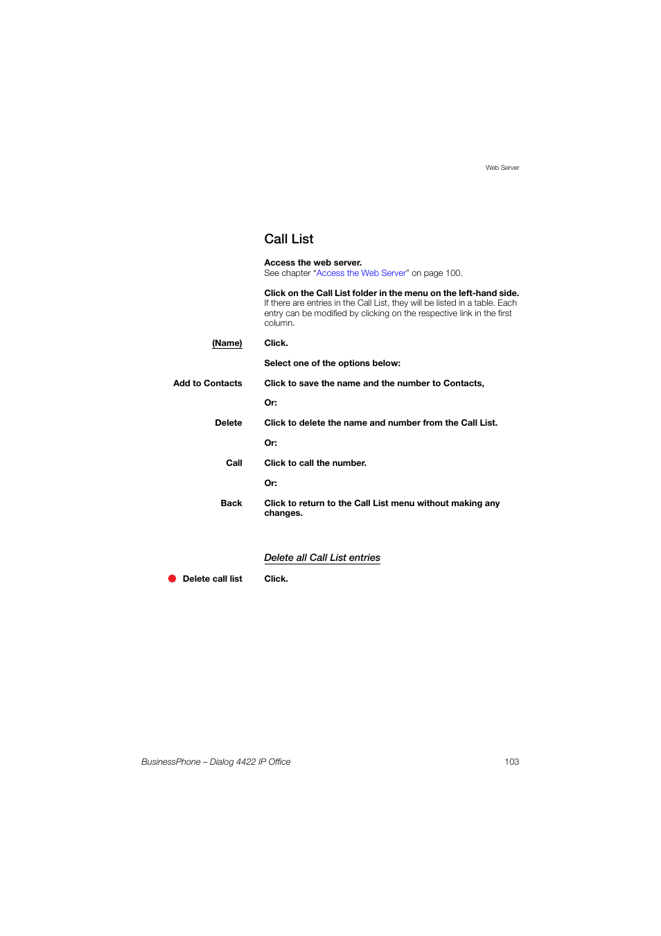 Call list, Delete all call list entries | AASTRA 4422 IP Office for BusinessPhone User Guide User Manual | Page 103 / 124