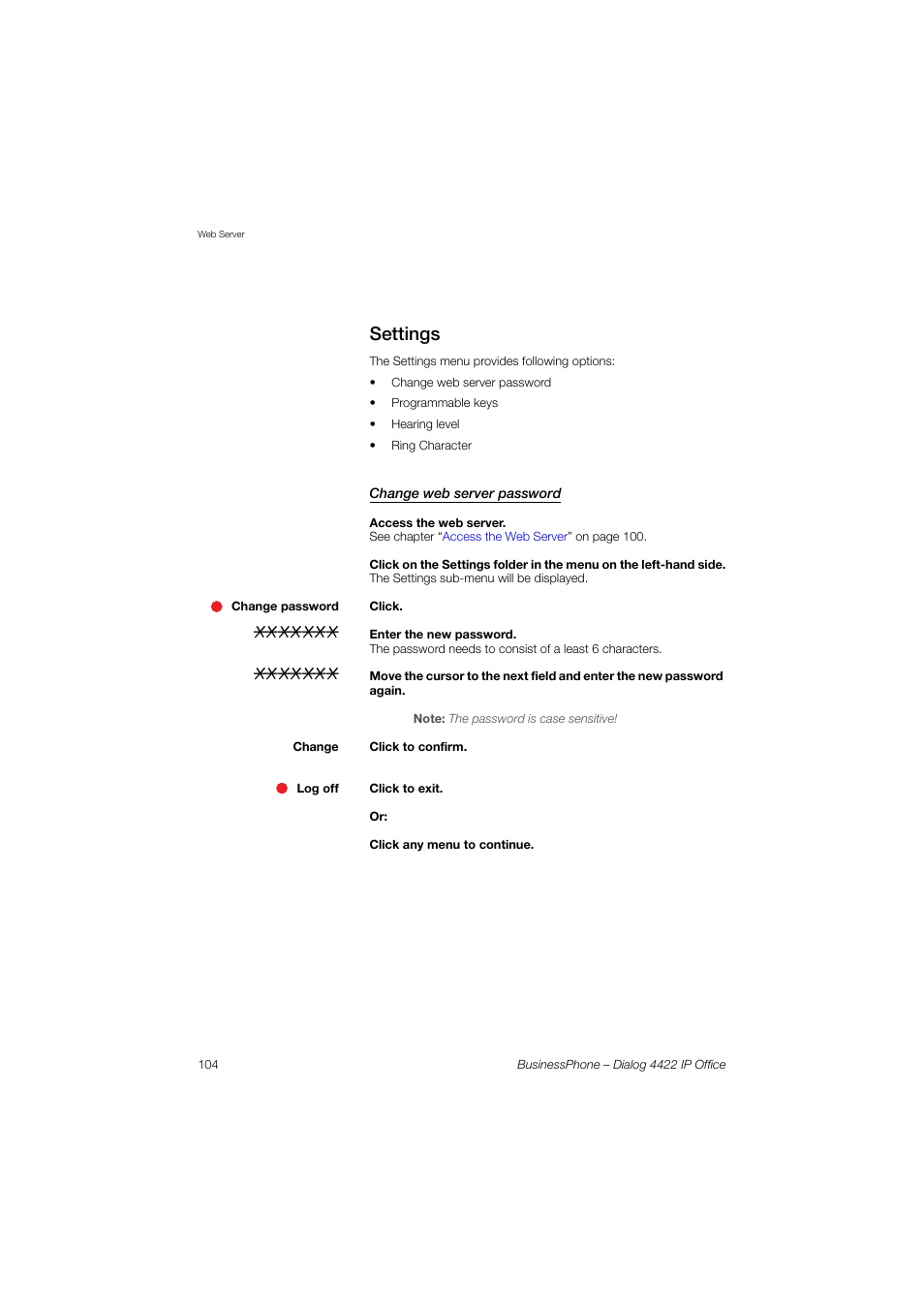 Settings, Change web server password | AASTRA 4422 IP Office for BusinessPhone User Guide User Manual | Page 104 / 124