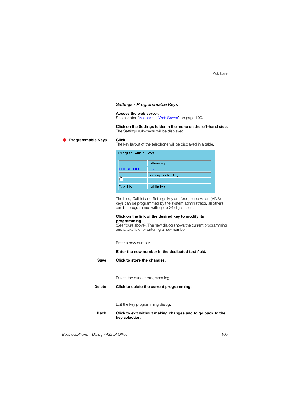 Settings - programmable keys | AASTRA 4422 IP Office for BusinessPhone User Guide User Manual | Page 105 / 124