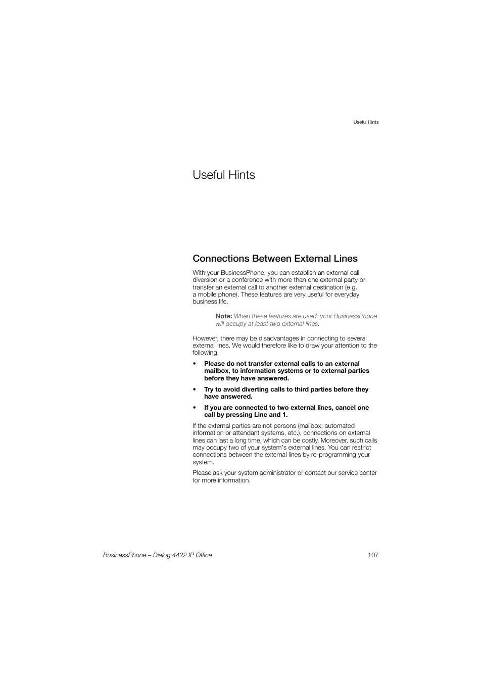 Useful hints, Connections between external lines | AASTRA 4422 IP Office for BusinessPhone User Guide User Manual | Page 107 / 124
