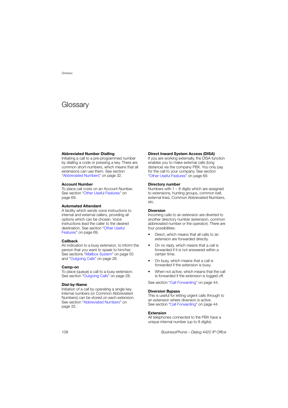 Glossary | AASTRA 4422 IP Office for BusinessPhone User Guide User Manual | Page 108 / 124