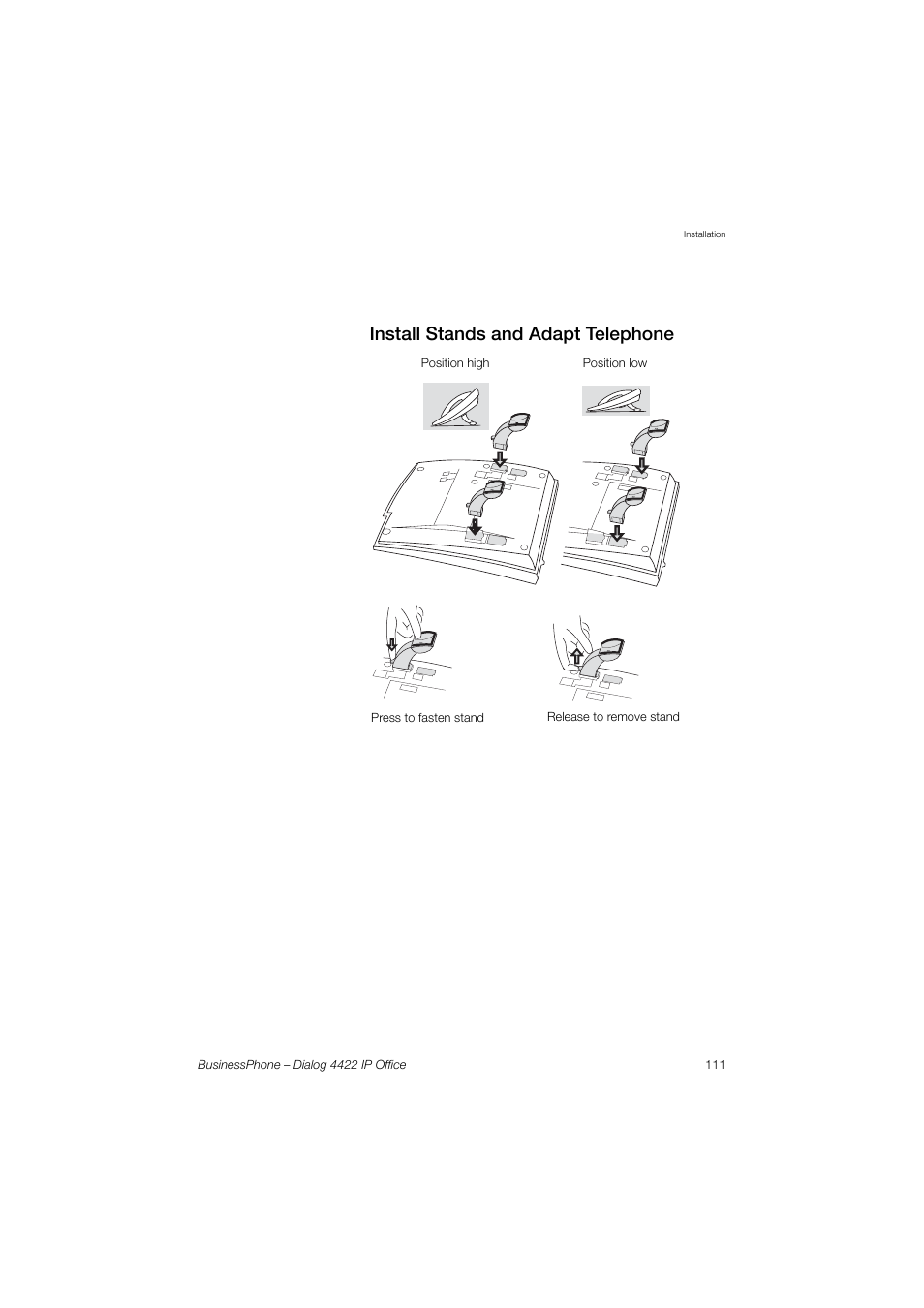 Install stands and adapt telephone | AASTRA 4422 IP Office for BusinessPhone User Guide User Manual | Page 111 / 124