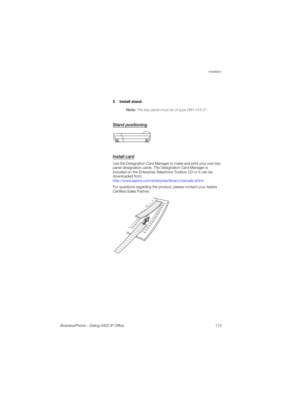 Stand positioning, Install card | AASTRA 4422 IP Office for BusinessPhone User Guide User Manual | Page 113 / 124