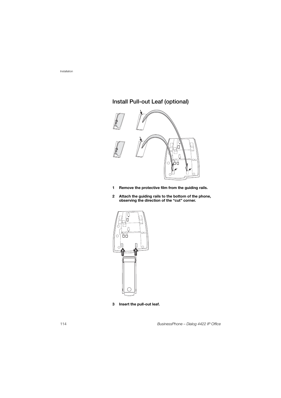 Install pull-out leaf (optional), Install pull-out leaf | AASTRA 4422 IP Office for BusinessPhone User Guide User Manual | Page 114 / 124