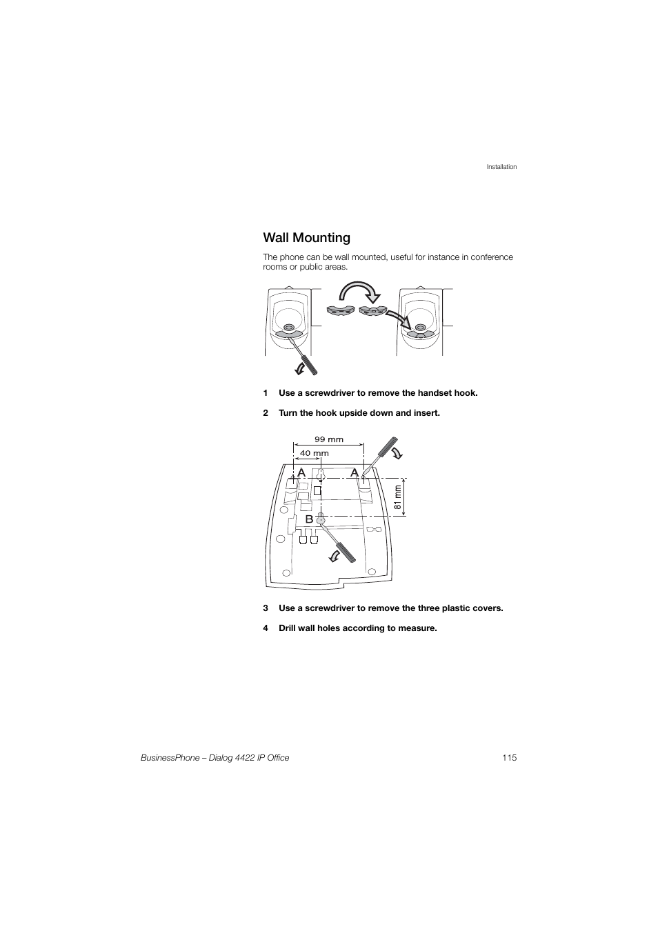 Wall mounting | AASTRA 4422 IP Office for BusinessPhone User Guide User Manual | Page 115 / 124