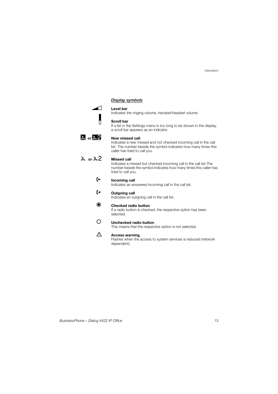 Display symbols | AASTRA 4422 IP Office for BusinessPhone User Guide User Manual | Page 13 / 124