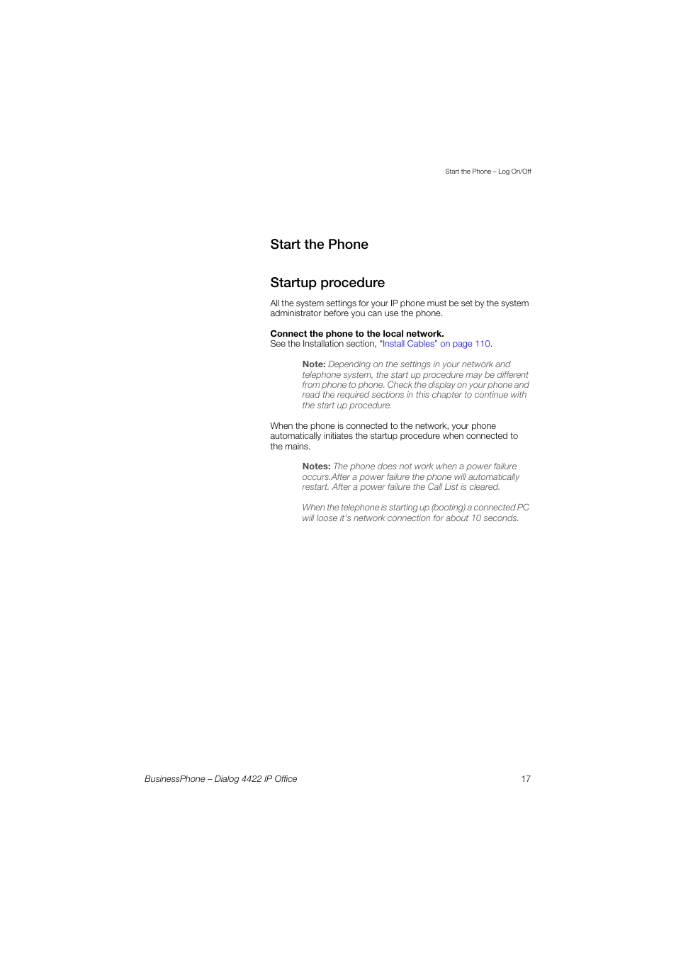 Start the phone, Startup procedure, Start the phone startup procedure | AASTRA 4422 IP Office for BusinessPhone User Guide User Manual | Page 17 / 124