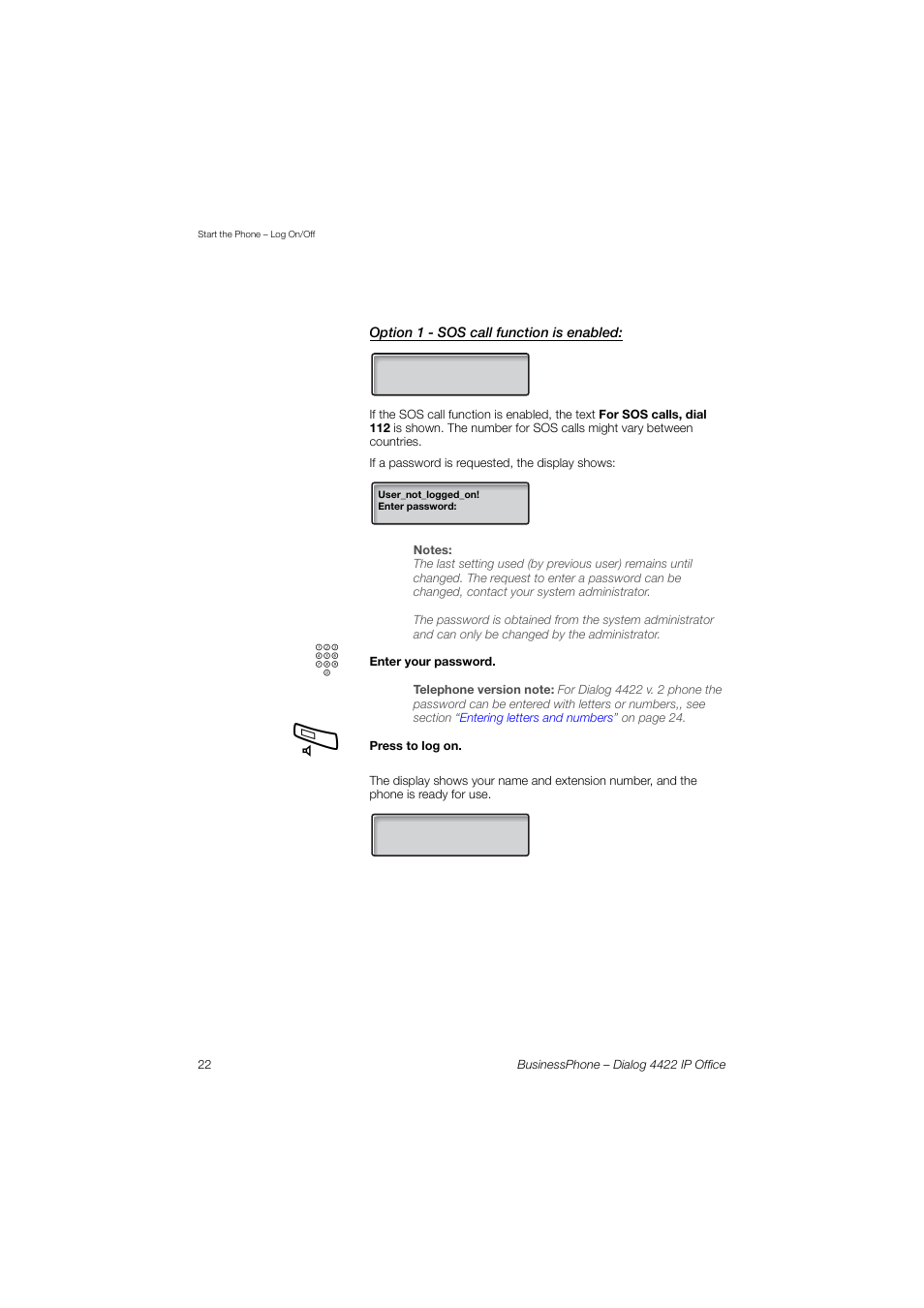 Option 1 - sos call function is enabled, Sos calls | AASTRA 4422 IP Office for BusinessPhone User Guide User Manual | Page 22 / 124