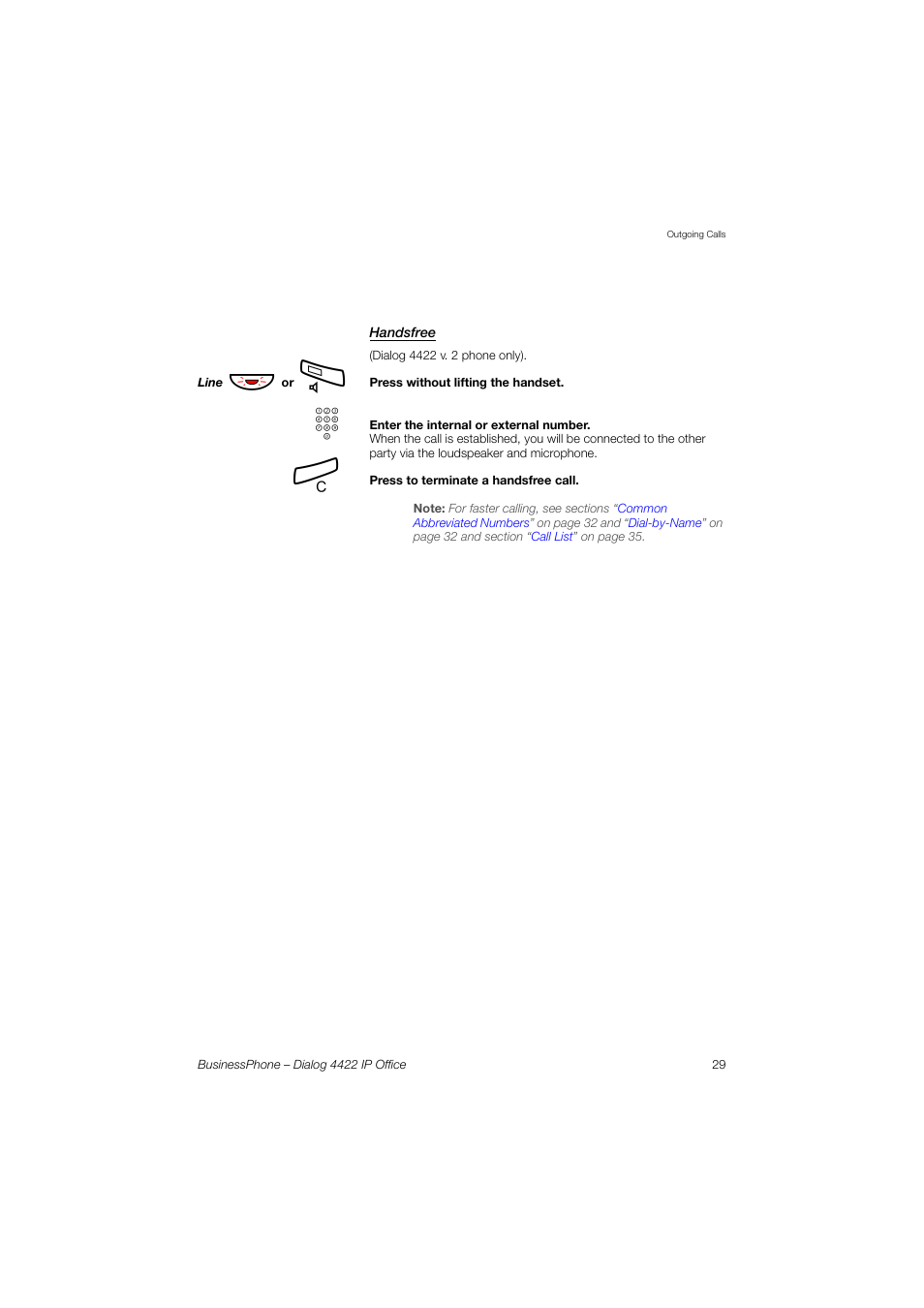 Handsfree | AASTRA 4422 IP Office for BusinessPhone User Guide User Manual | Page 29 / 124