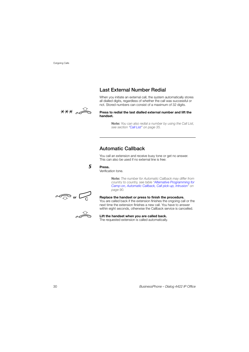 Last external number redial, Automatic callback | AASTRA 4422 IP Office for BusinessPhone User Guide User Manual | Page 30 / 124