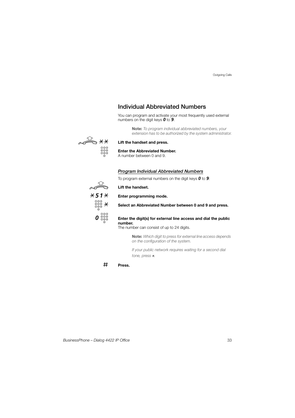 Individual abbreviated numbers, Program individual abbreviated numbers | AASTRA 4422 IP Office for BusinessPhone User Guide User Manual | Page 33 / 124