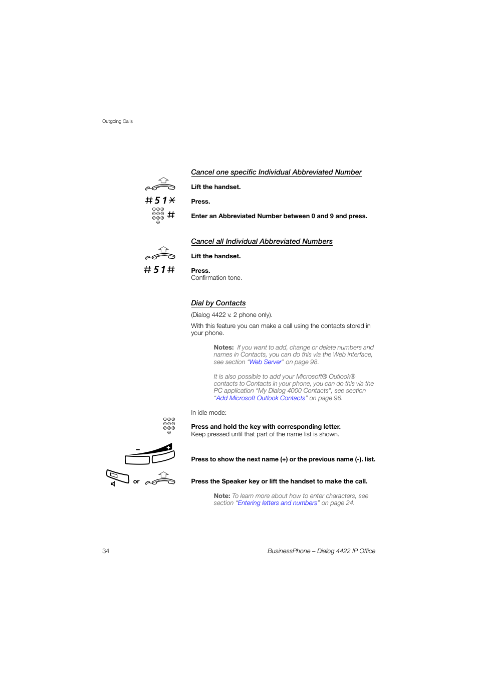 Cancel one specific individual abbreviated number, Cancel all individual abbreviated numbers, Dial by contacts | AASTRA 4422 IP Office for BusinessPhone User Guide User Manual | Page 34 / 124
