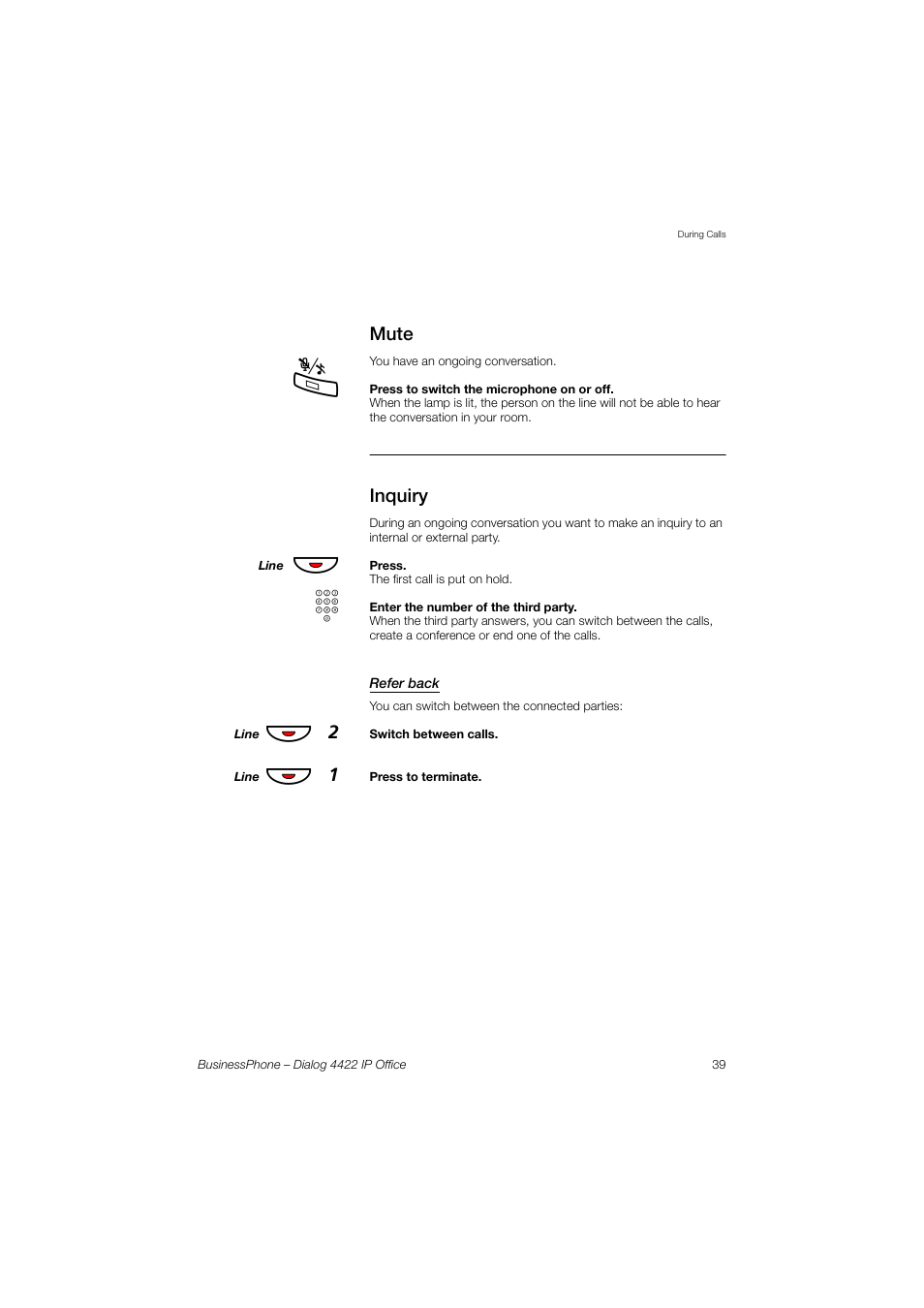 Mute, Inquiry, Refer back | Хф 2, Хф 1 | AASTRA 4422 IP Office for BusinessPhone User Guide User Manual | Page 39 / 124