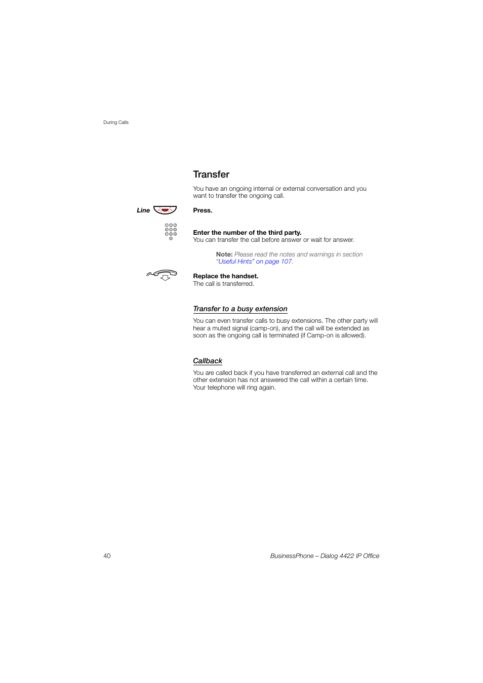 Transfer, Transfer to a busy extension, Callback | AASTRA 4422 IP Office for BusinessPhone User Guide User Manual | Page 40 / 124