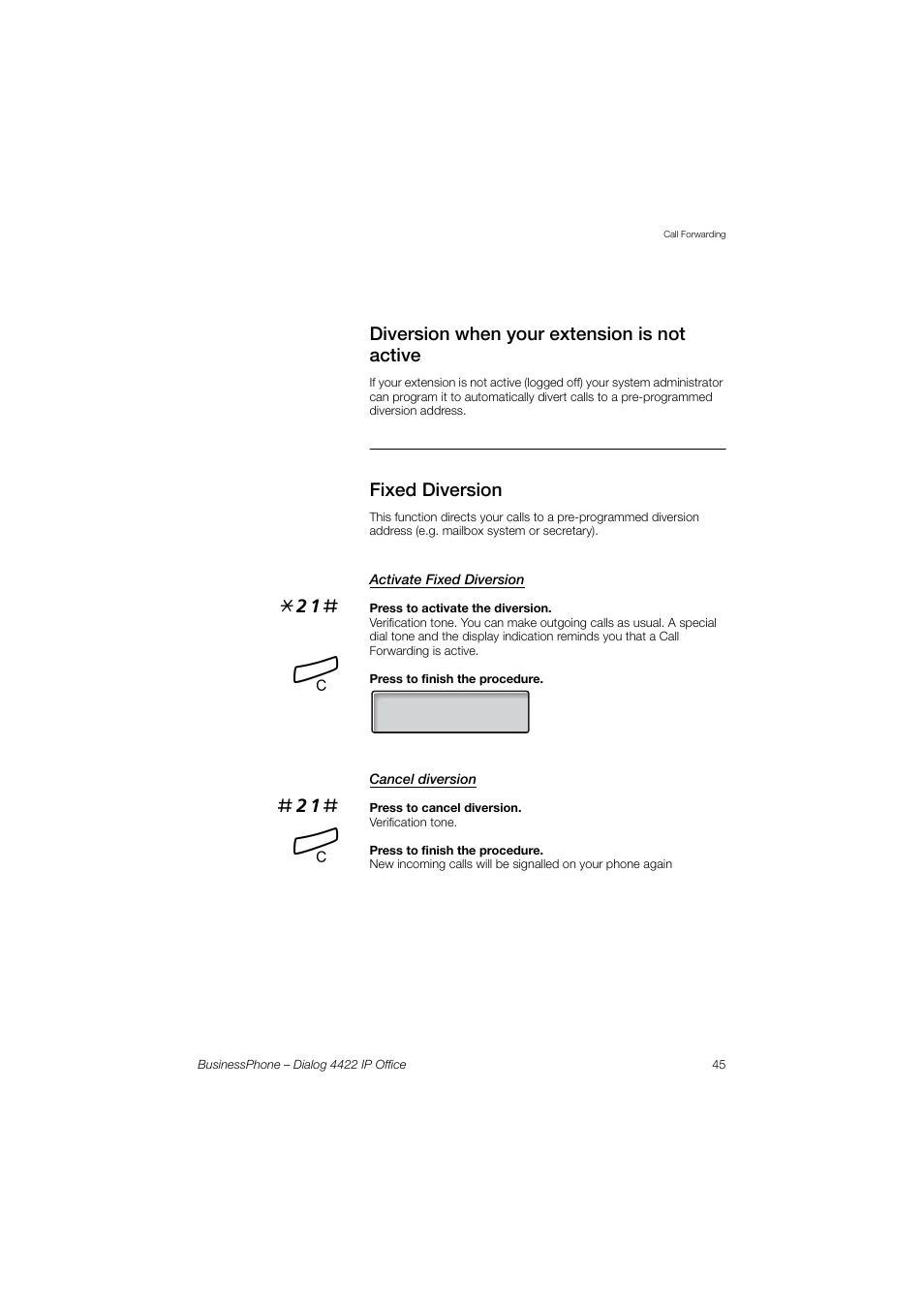 Diversion when your extension is not active, Fixed diversion, Activate fixed diversion | Cancel diversion, Diversion when your extension is, Not active | AASTRA 4422 IP Office for BusinessPhone User Guide User Manual | Page 45 / 124