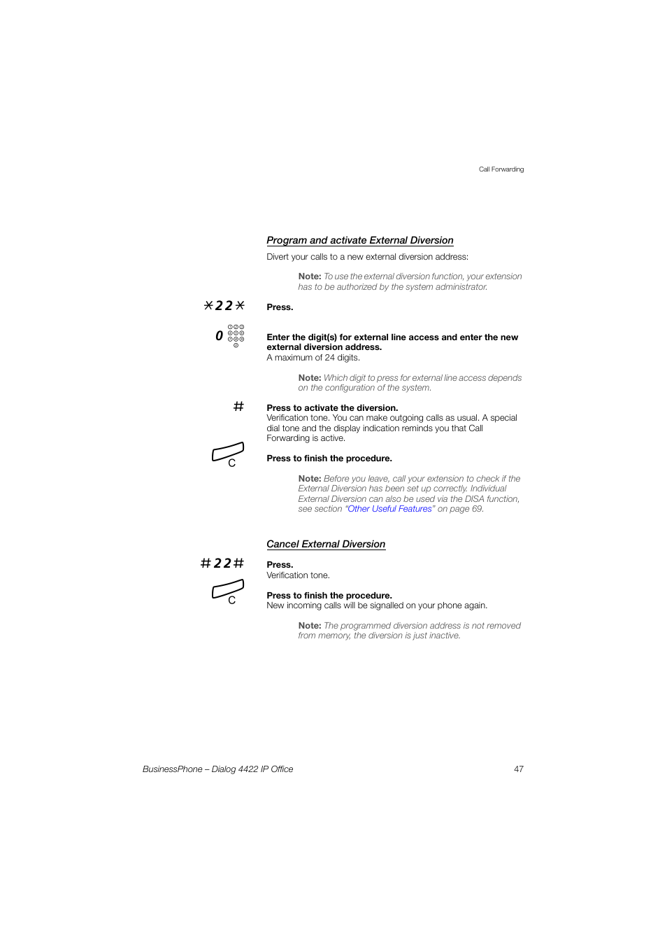 Program and activate external diversion, Cancel external diversion | AASTRA 4422 IP Office for BusinessPhone User Guide User Manual | Page 47 / 124