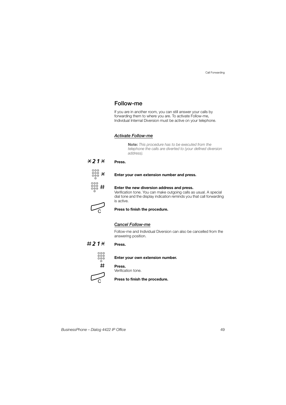 Follow-me, Activate follow-me, Cancel follow-me | AASTRA 4422 IP Office for BusinessPhone User Guide User Manual | Page 49 / 124