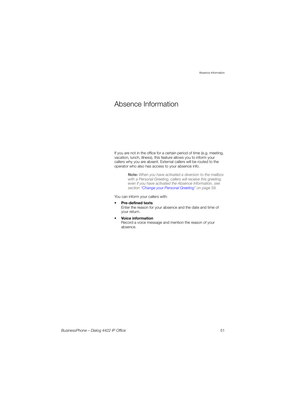 Absence information | AASTRA 4422 IP Office for BusinessPhone User Guide User Manual | Page 51 / 124