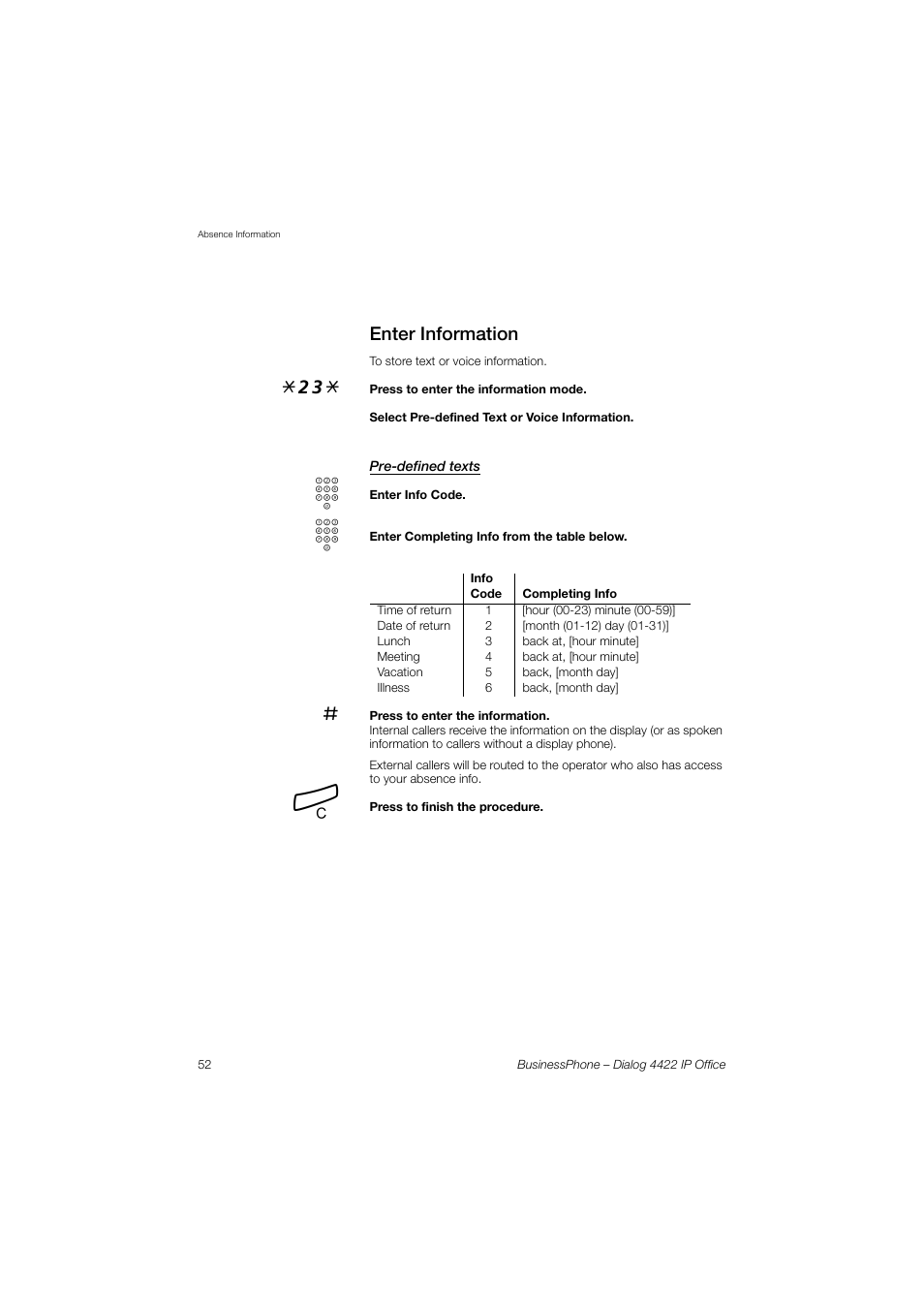 Enter information, Pre-defined texts | AASTRA 4422 IP Office for BusinessPhone User Guide User Manual | Page 52 / 124