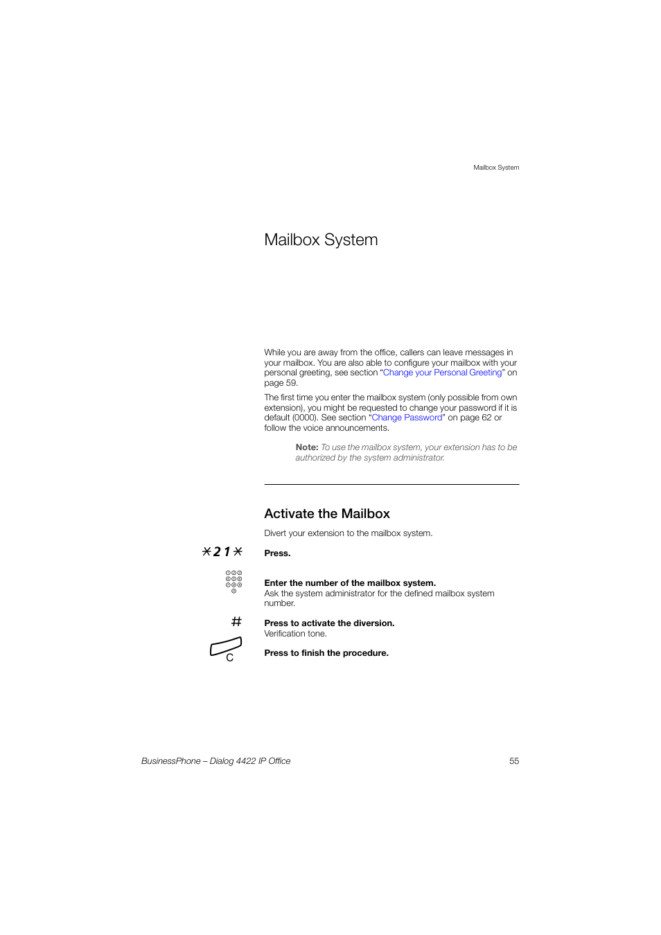 Mailbox system, Activate the mailbox | AASTRA 4422 IP Office for BusinessPhone User Guide User Manual | Page 55 / 124
