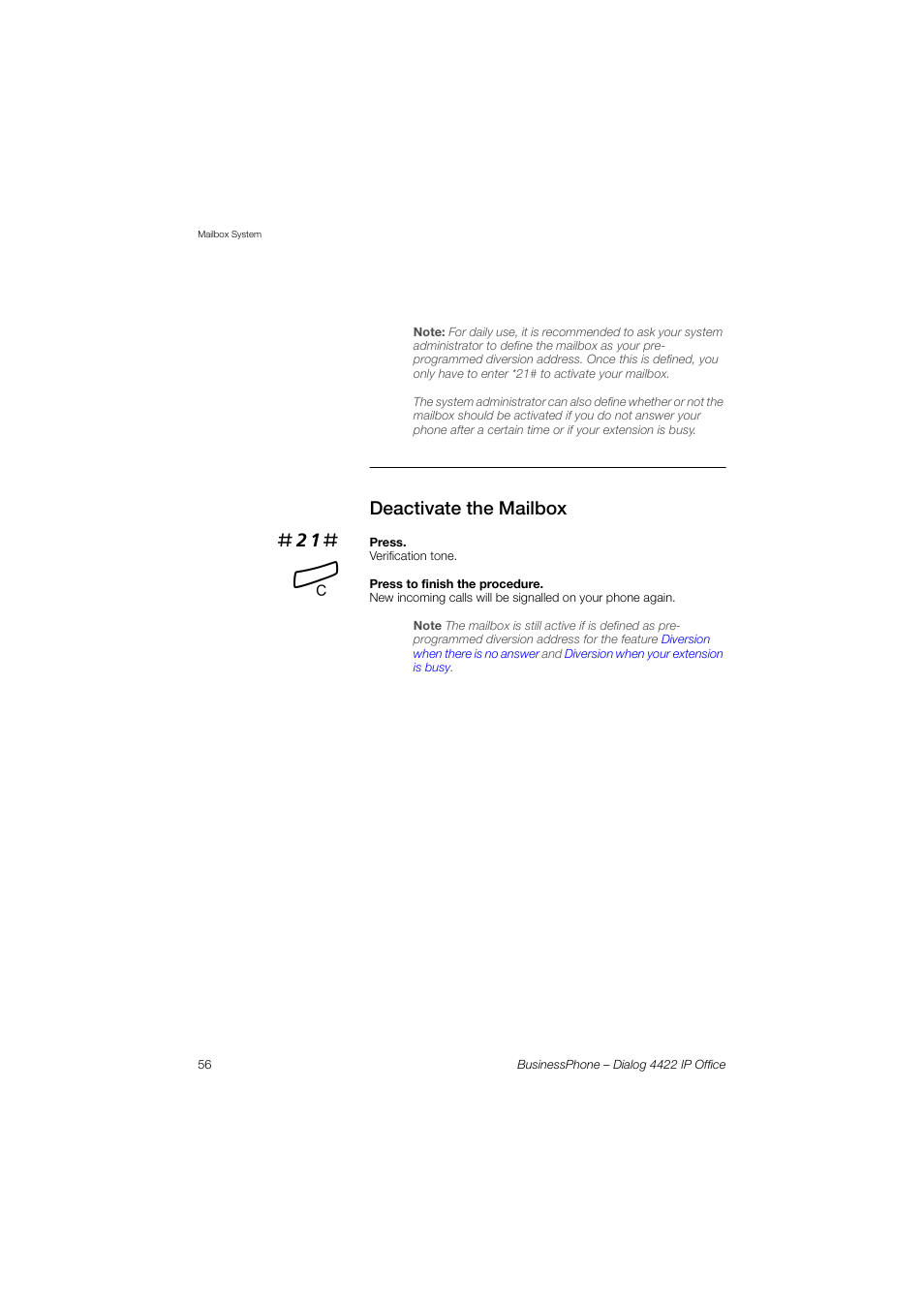 Deactivate the mailbox | AASTRA 4422 IP Office for BusinessPhone User Guide User Manual | Page 56 / 124