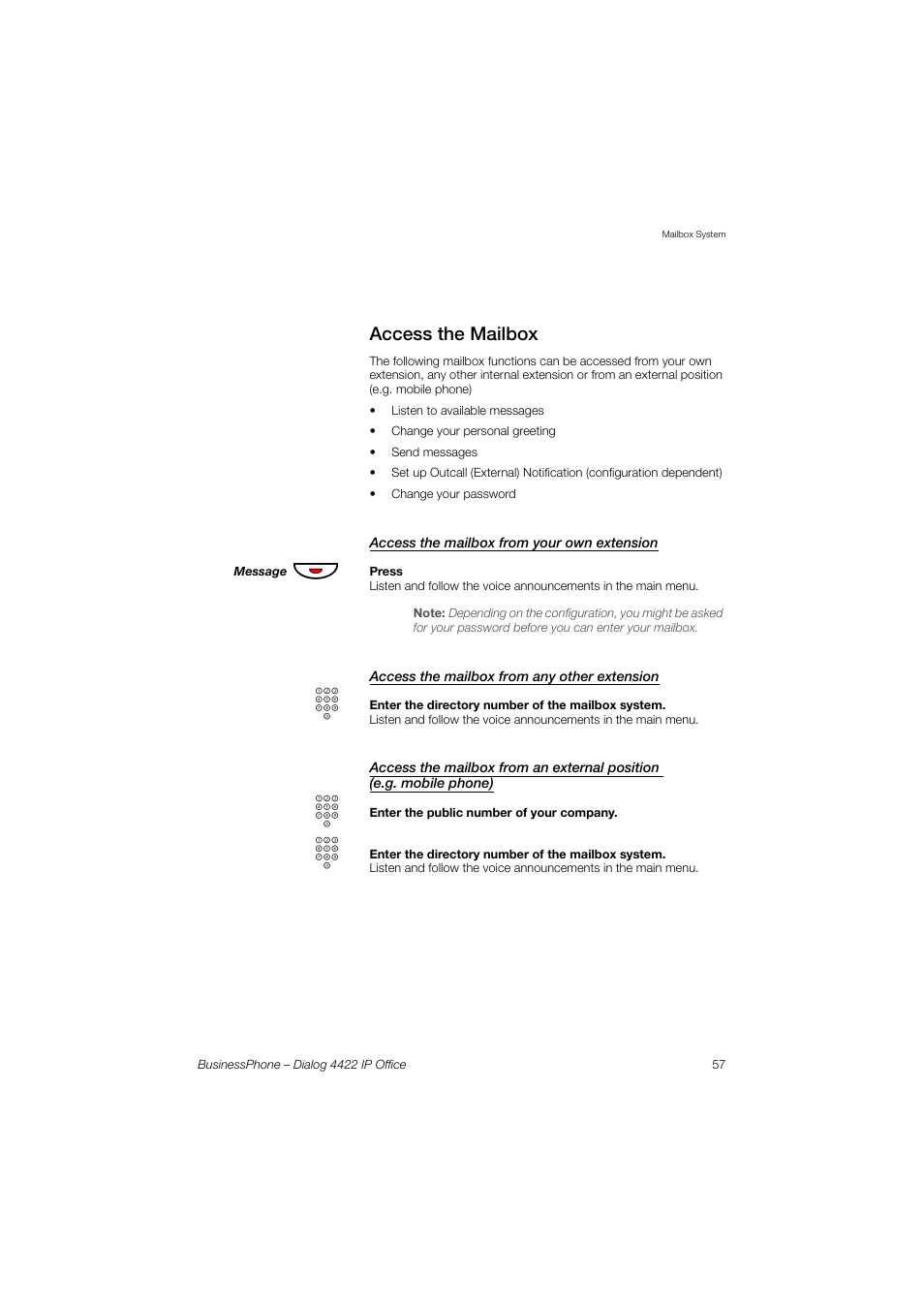 Access the mailbox, Access the mailbox from your own extension, Access the mailbox from any other extension | AASTRA 4422 IP Office for BusinessPhone User Guide User Manual | Page 57 / 124