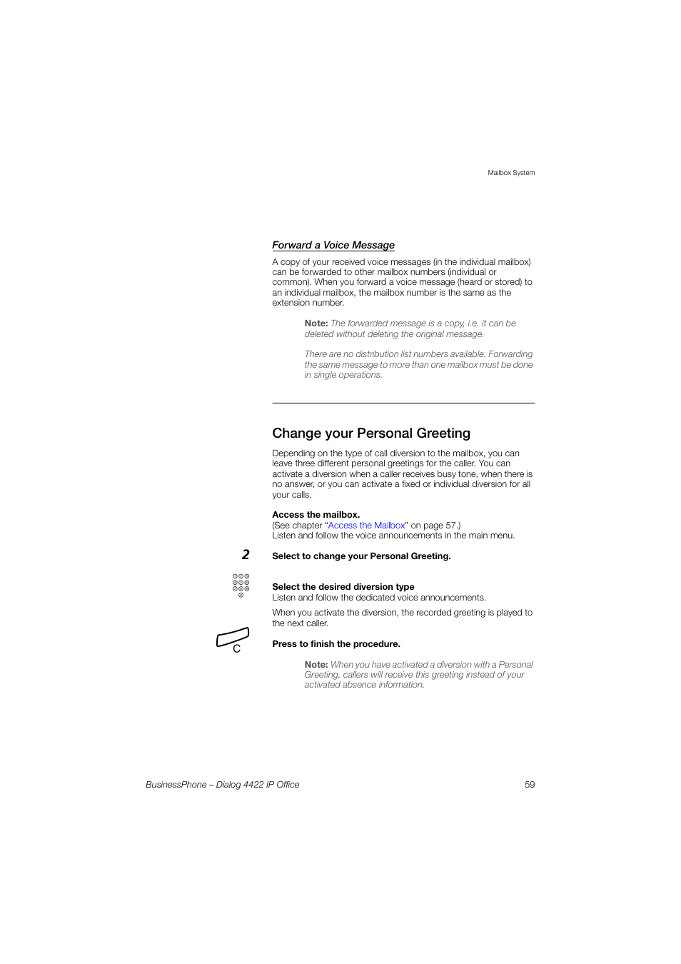 Forward a voice message, Change your personal greeting, Change your | Personal greeting, Ction | AASTRA 4422 IP Office for BusinessPhone User Guide User Manual | Page 59 / 124