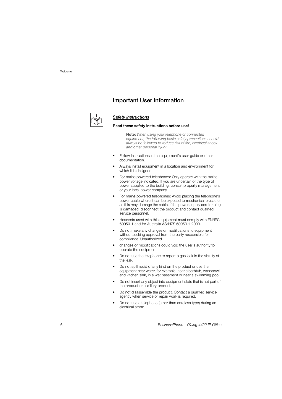 Important user information, Safety instructions | AASTRA 4422 IP Office for BusinessPhone User Guide User Manual | Page 6 / 124