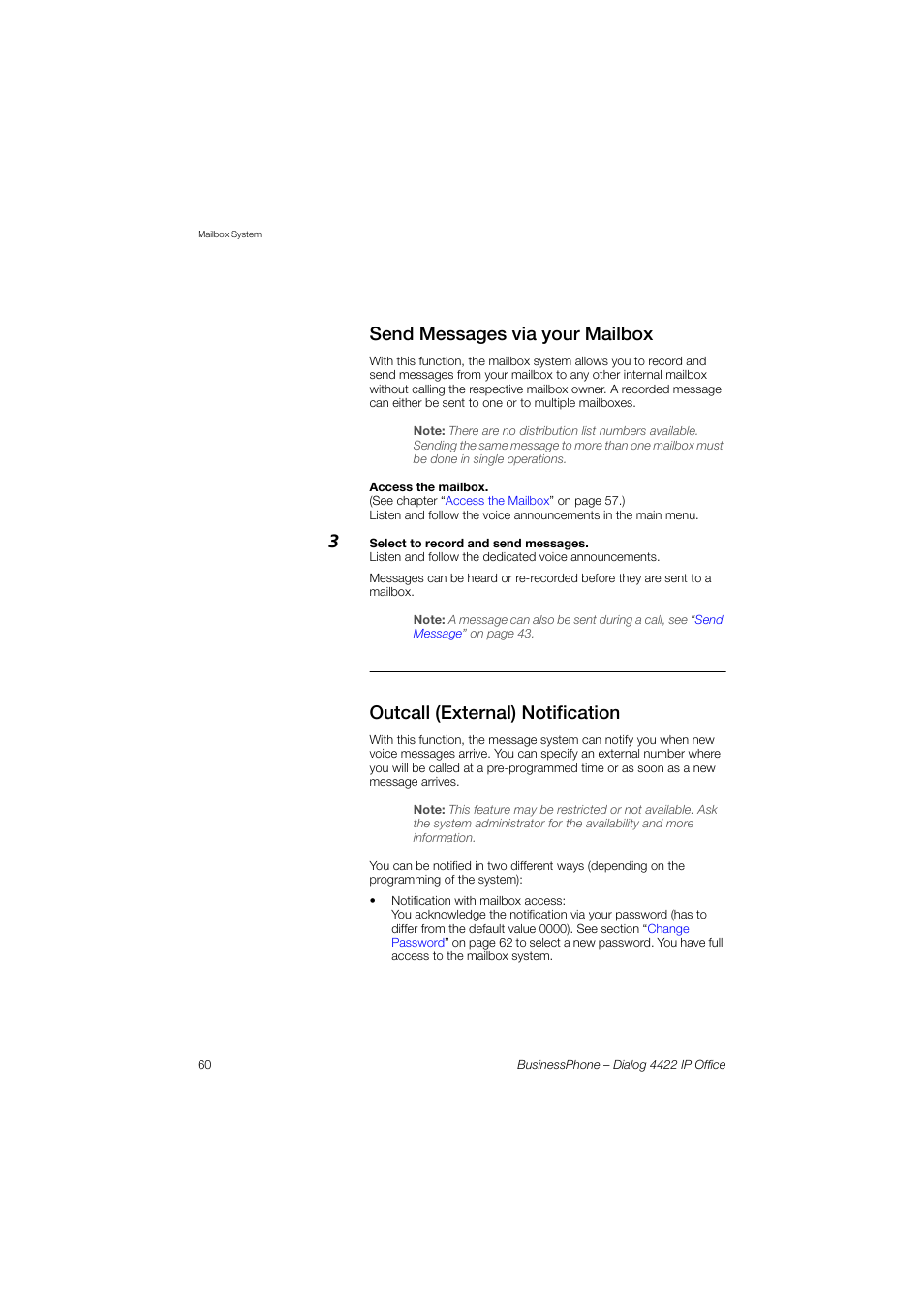 Send messages via your mailbox, Outcall (external) notification | AASTRA 4422 IP Office for BusinessPhone User Guide User Manual | Page 60 / 124